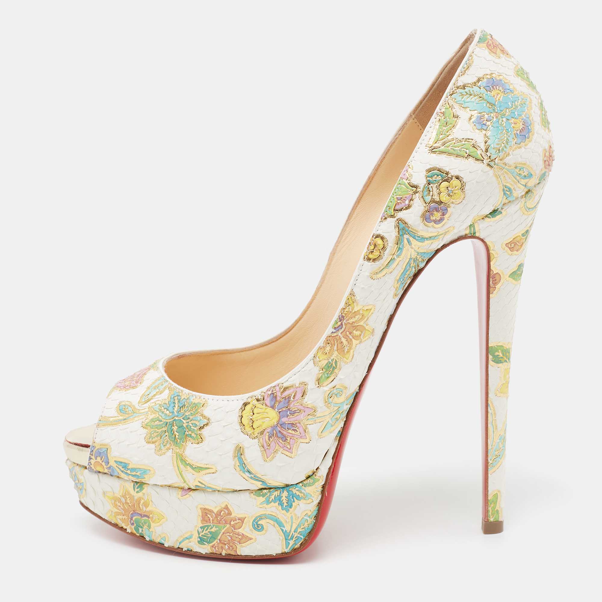 Pre Owned Christian Louboutin White Floral Print Python Leather Lady Peep-Toe Platform Pumps Size 38.5