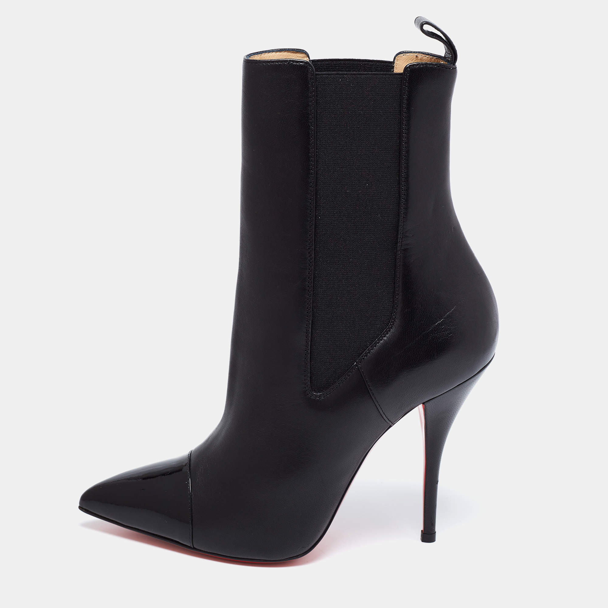 Pre Owned Christian Louboutin Black Patent and Leather Cap-Toe Tucson Booties Size 38