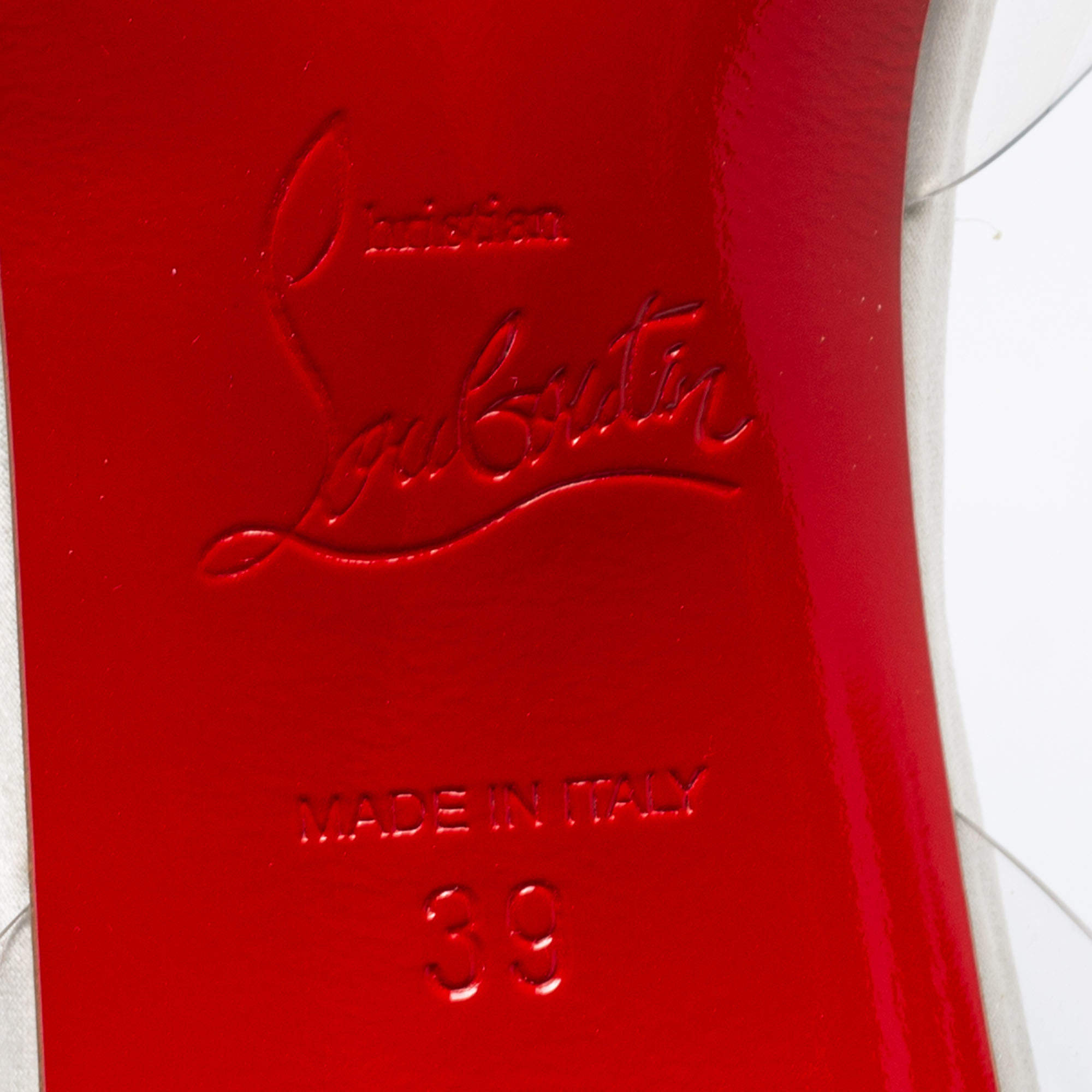 Pre Owned Christian Louboutin White/Transparent Satin And PVC Crystal Embellished Nosy Strass T-Strap Sandals Size 39