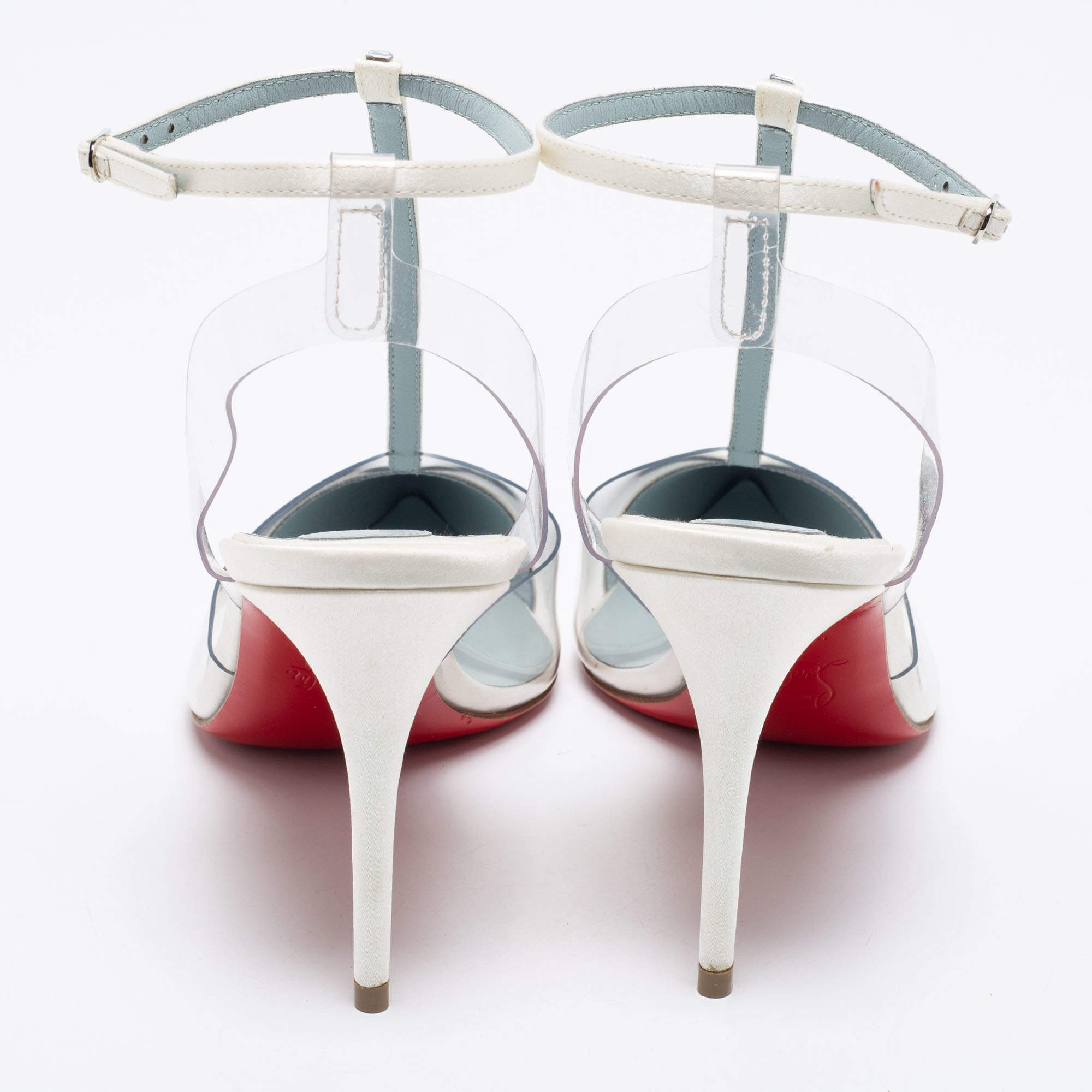 Pre Owned Christian Louboutin White/Transparent Satin And PVC Crystal Embellished Nosy Strass T-Strap Sandals Size 39