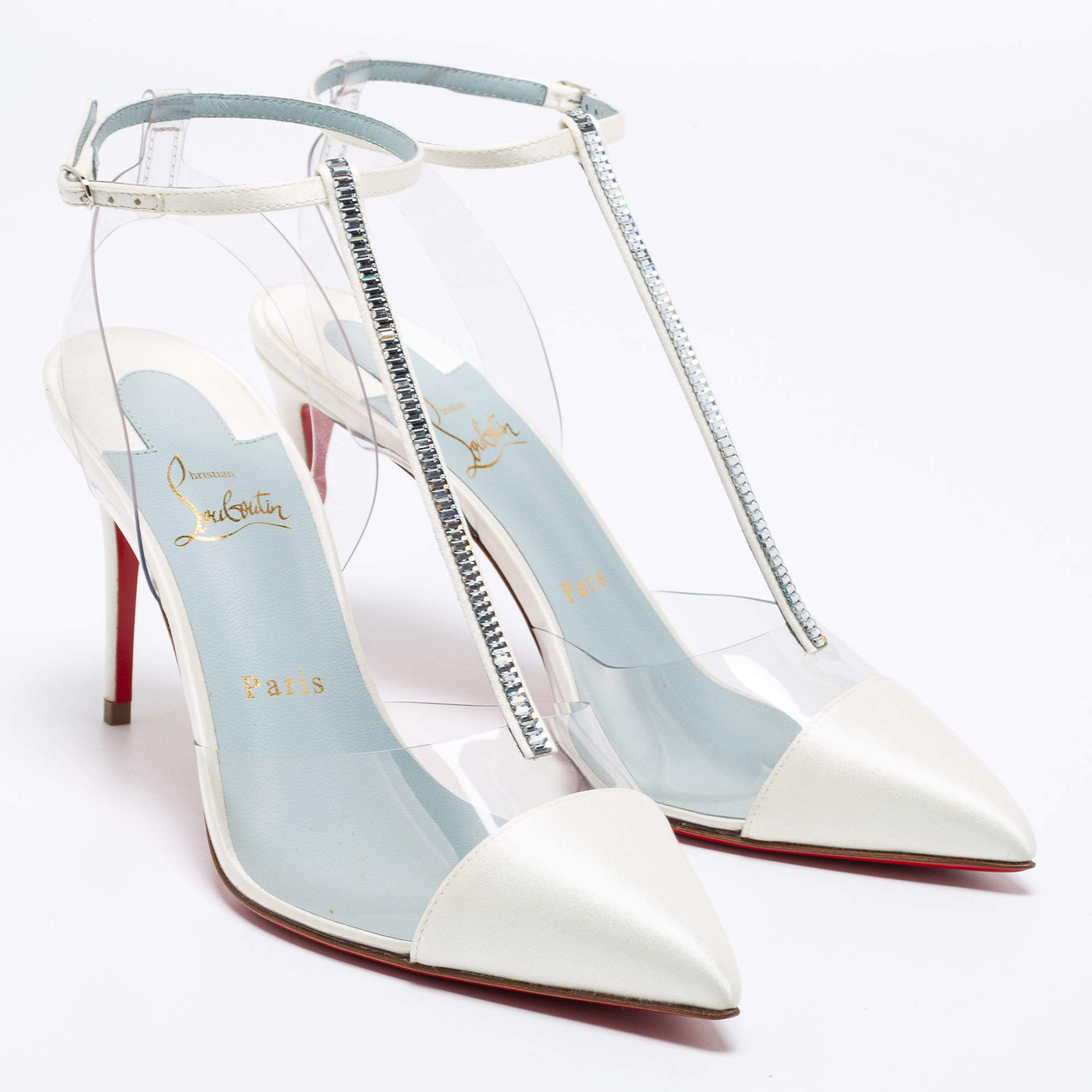 Pre Owned Christian Louboutin White/Transparent Satin And PVC Crystal Embellished Nosy Strass T-Strap Sandals Size 39
