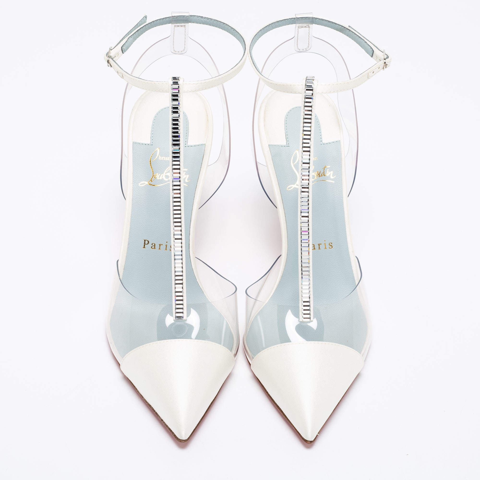 Pre Owned Christian Louboutin White/Transparent Satin And PVC Crystal Embellished Nosy Strass T-Strap Sandals Size 39