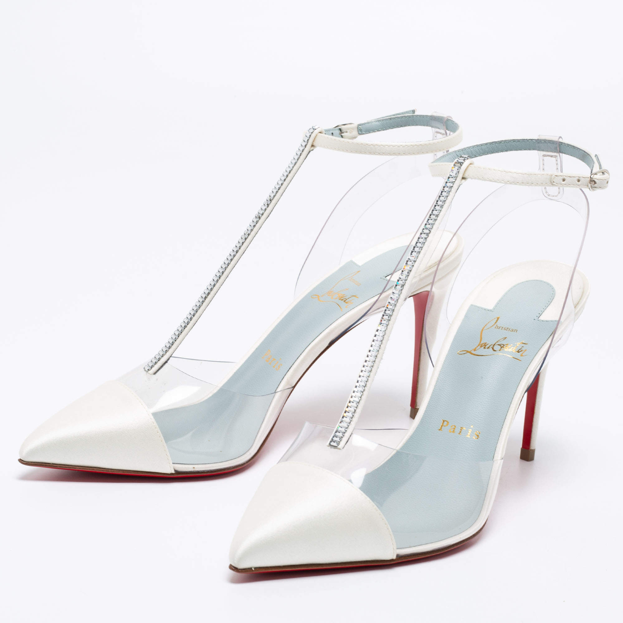 Pre Owned Christian Louboutin White/Transparent Satin And PVC Crystal Embellished Nosy Strass T-Strap Sandals Size 39