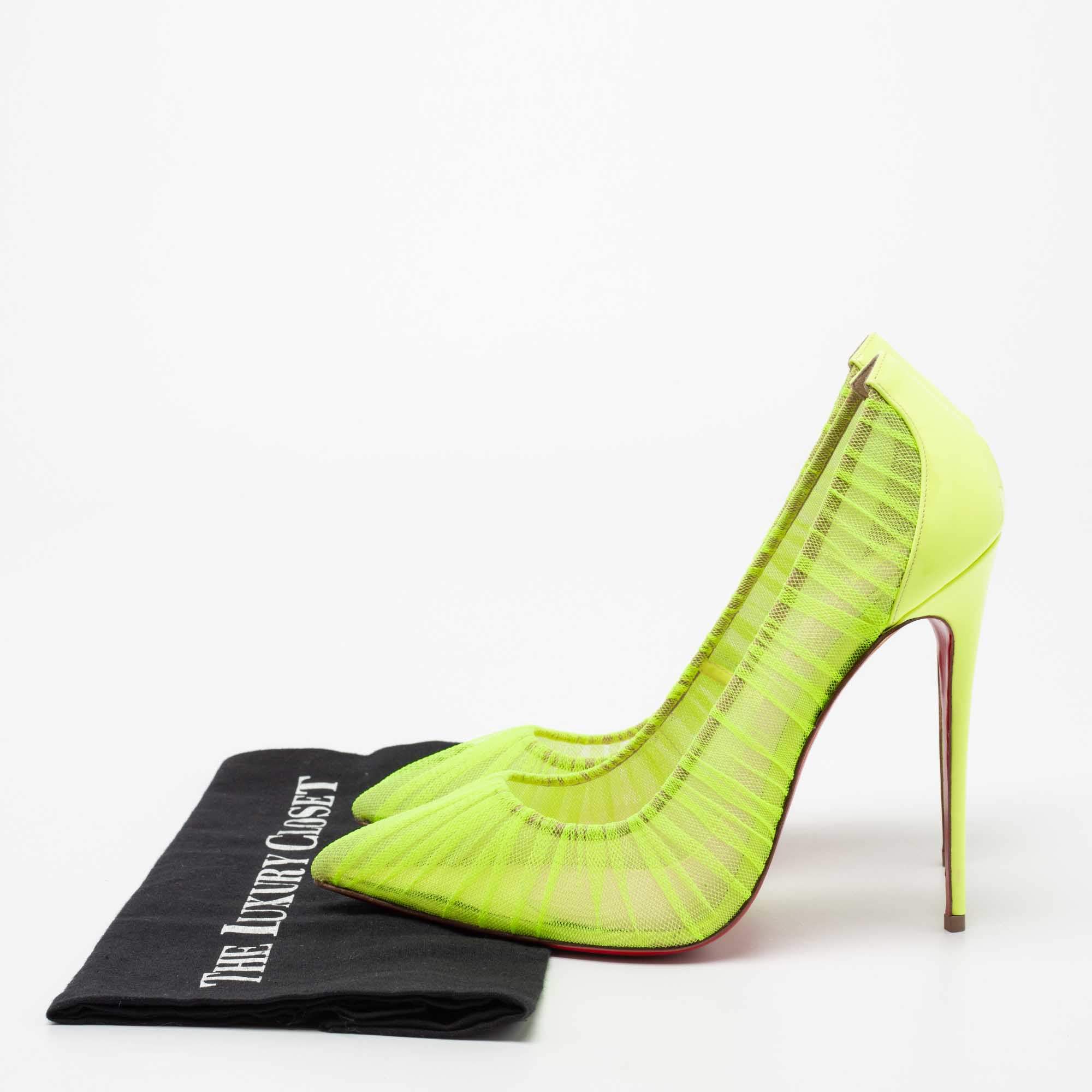 Pre Owned Christian Louboutin Neon Green Chiffon Follie Draperia Pointed Toe Pumps Size 41