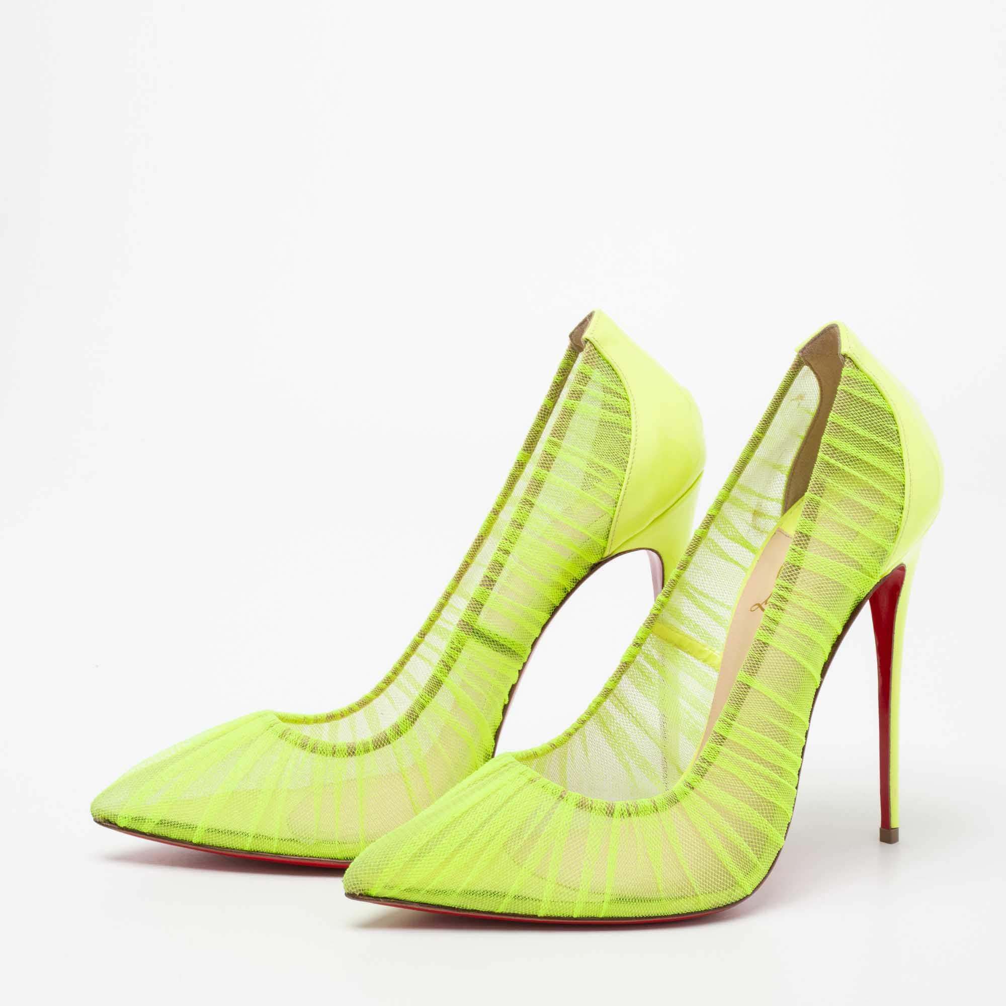Pre Owned Christian Louboutin Neon Green Chiffon Follie Draperia Pointed Toe Pumps Size 41
