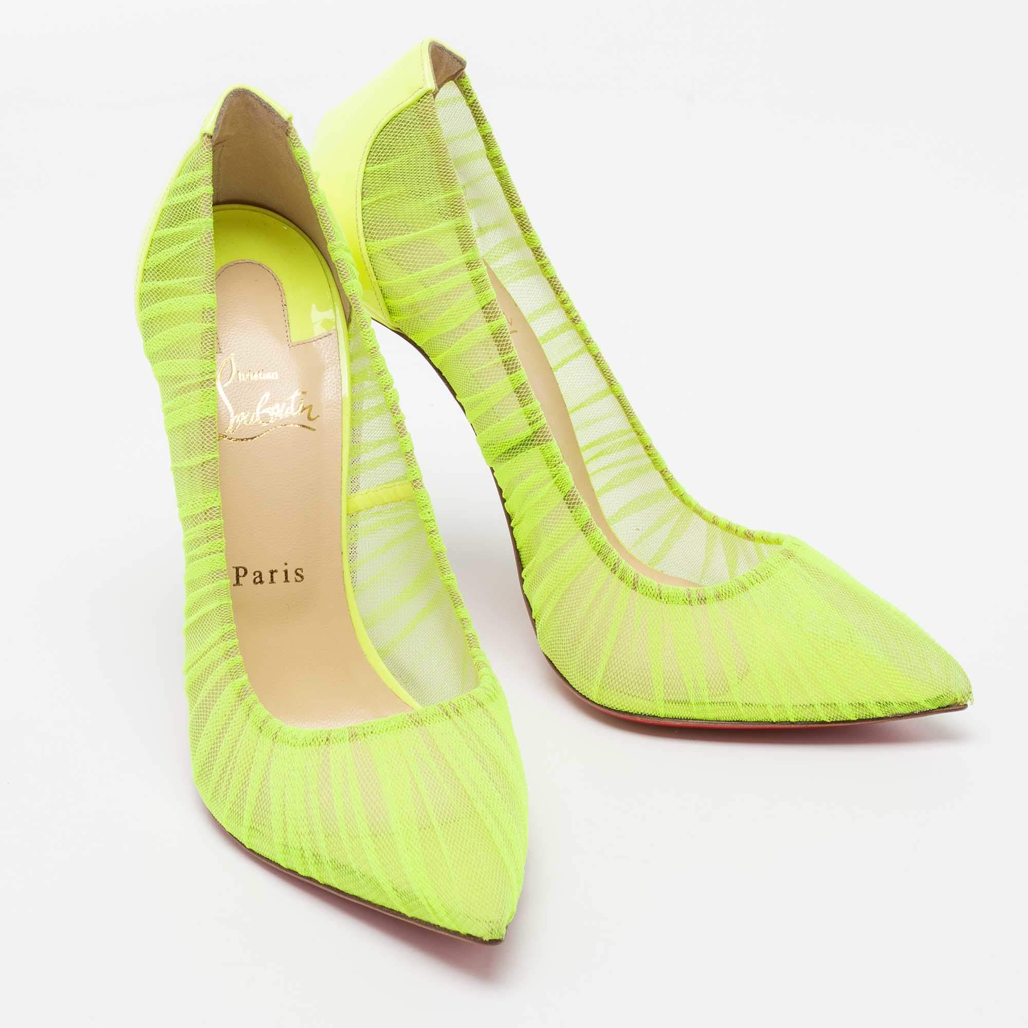 Pre Owned Christian Louboutin Neon Green Chiffon Follie Draperia Pointed Toe Pumps Size 41