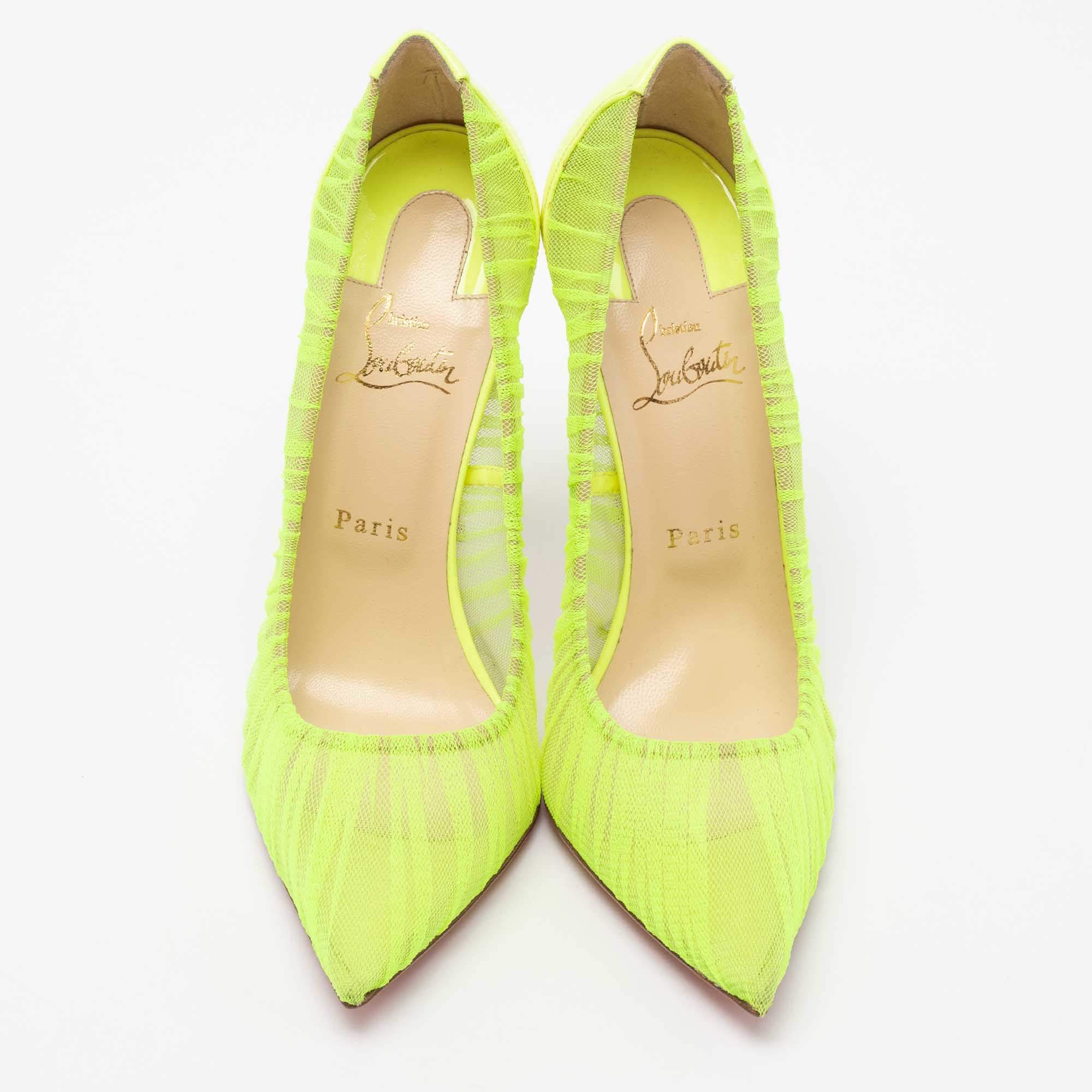 Pre Owned Christian Louboutin Neon Green Chiffon Follie Draperia Pointed Toe Pumps Size 41
