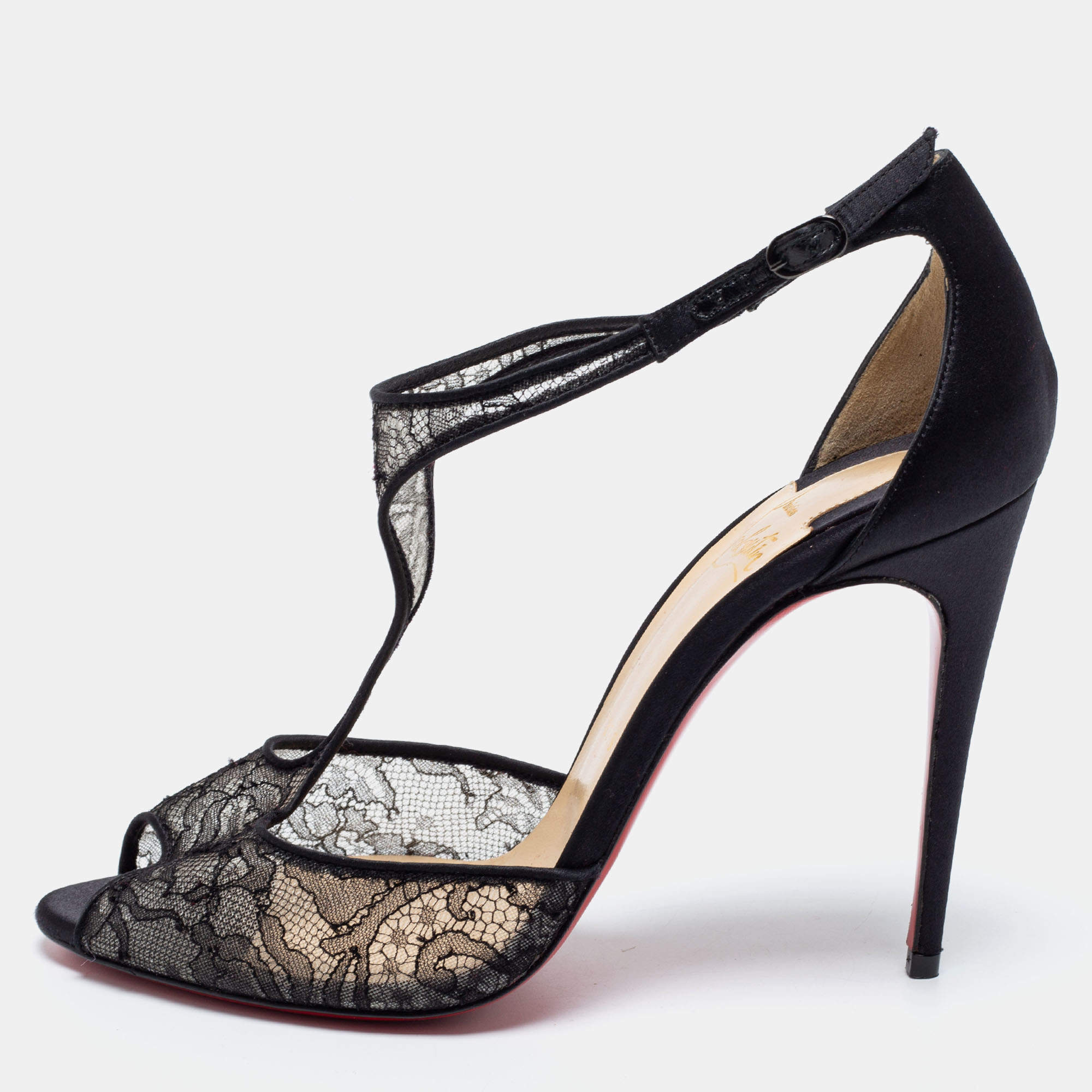 Pre Owned Christian Louboutin Black Lace and Satin Tiny Chantilly T-Strap Peep-Toe Sandals Size 38.5