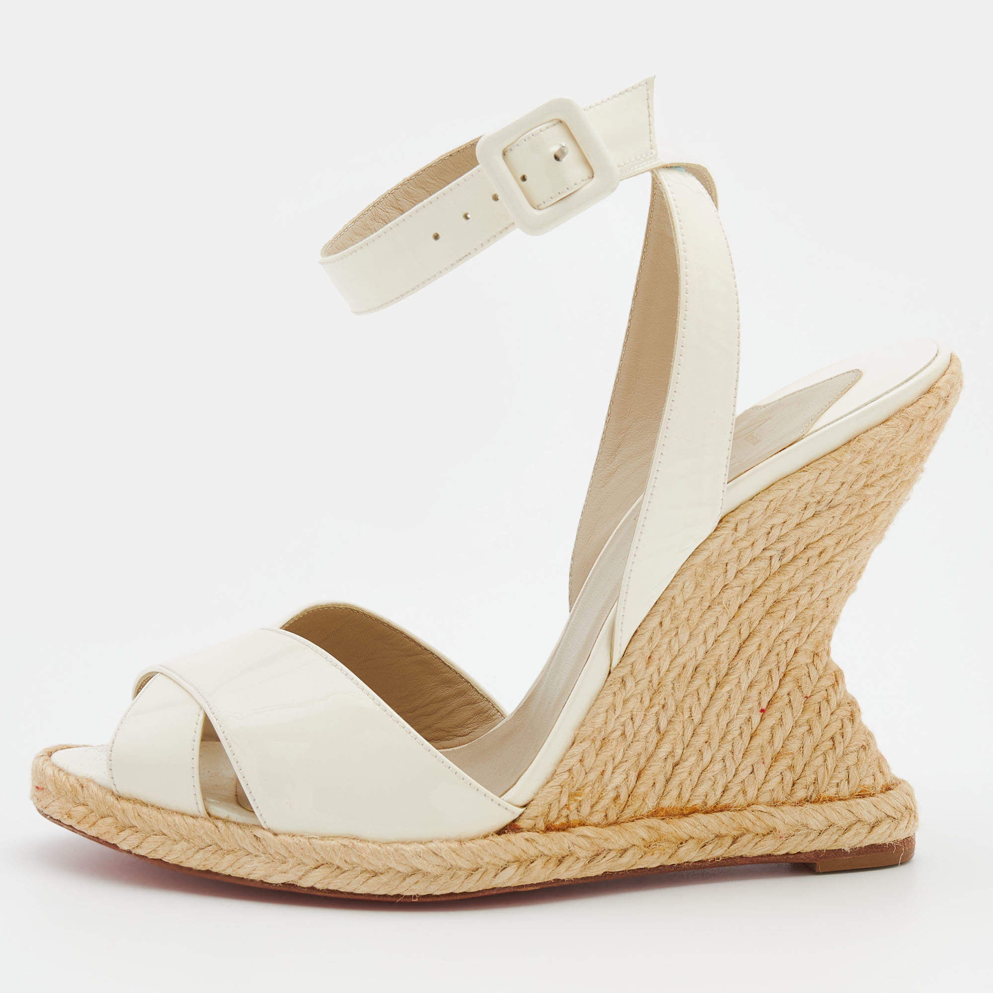 Christian Louboutin White Patent Leather Almeria Espadrille Wedge Sandals Size 37