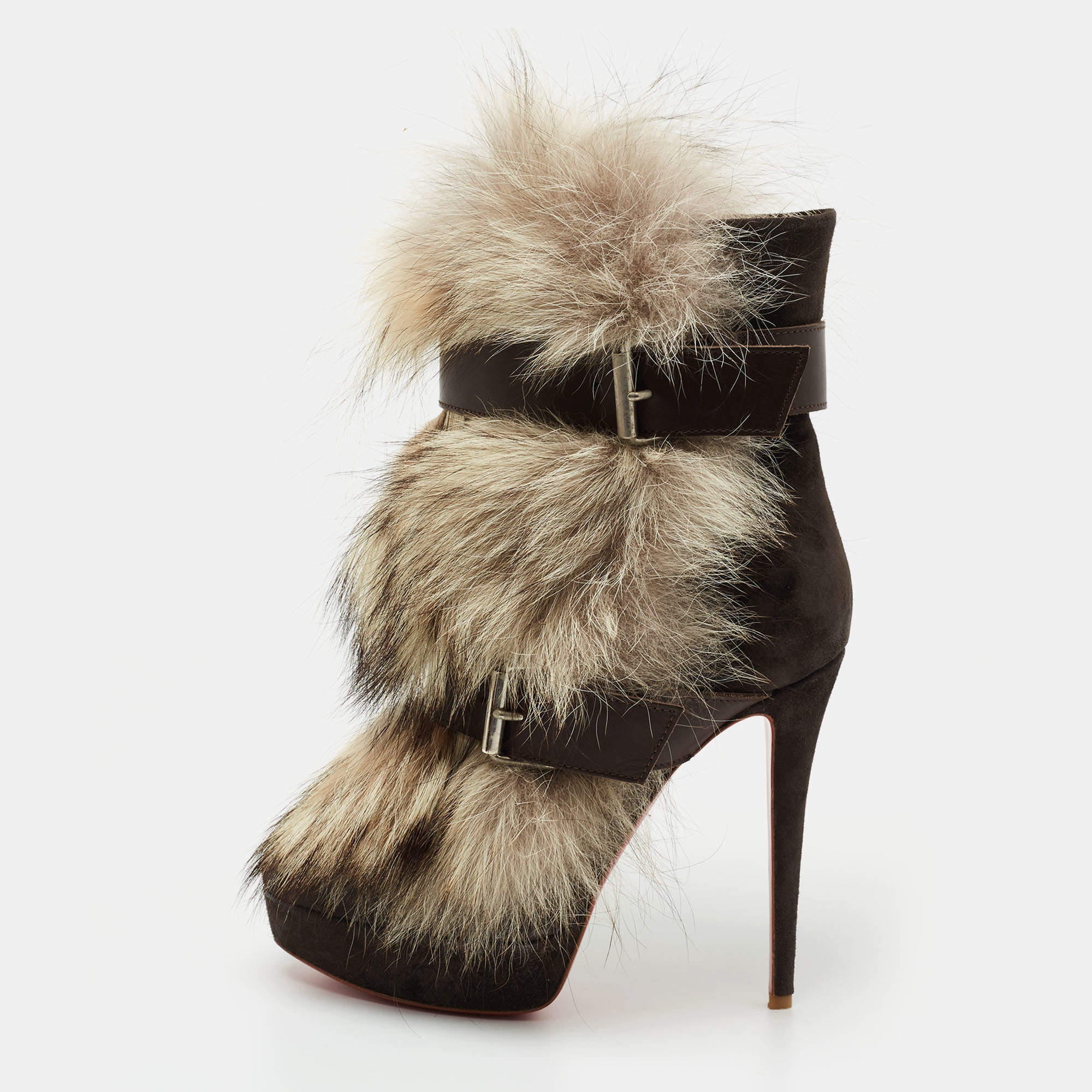 Christian Louboutin Grey/Brown Leather and Fur Toundra Platform Ankle ...
