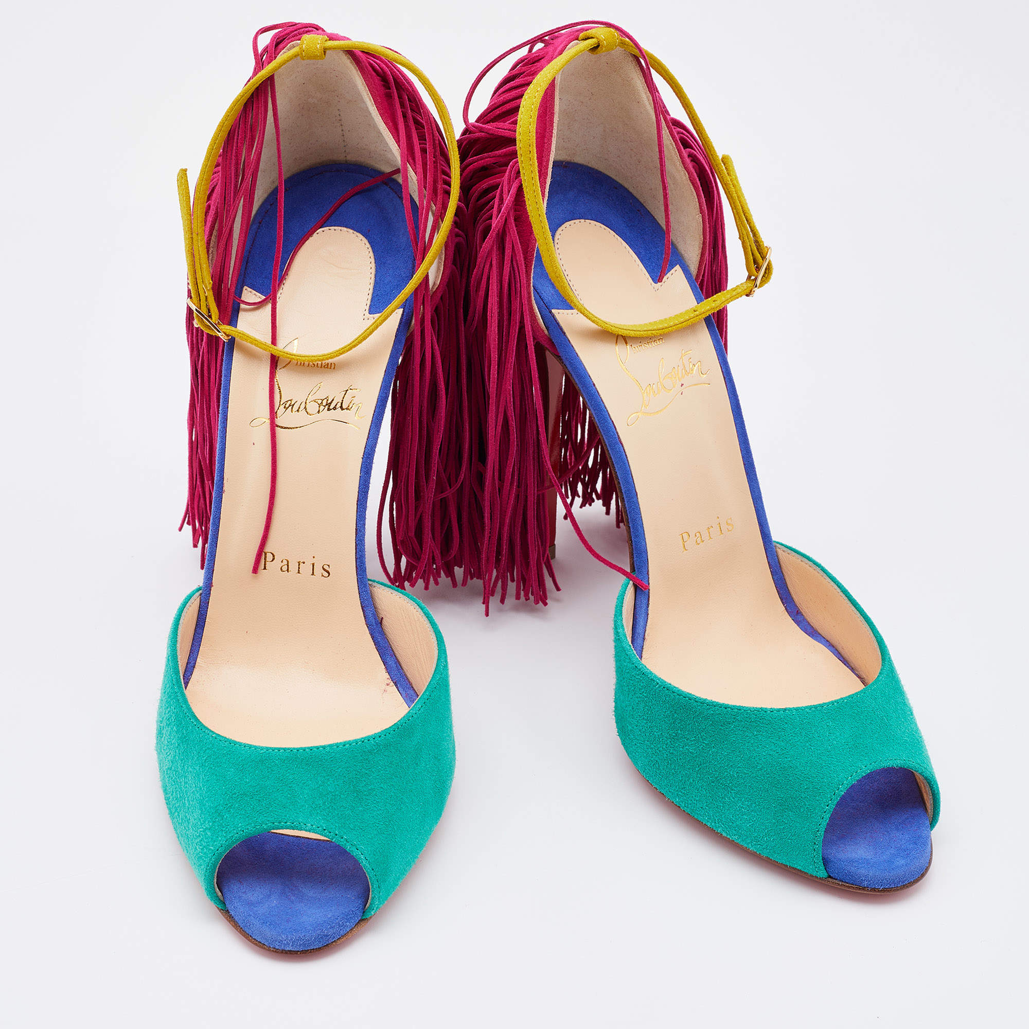 CHRISTIAN LOUBOUTIN Otrot 120 Pink Green Fringe Colorblock Tassel Heel  8.5/9/39 #ChristianLouboutin #OpenToe