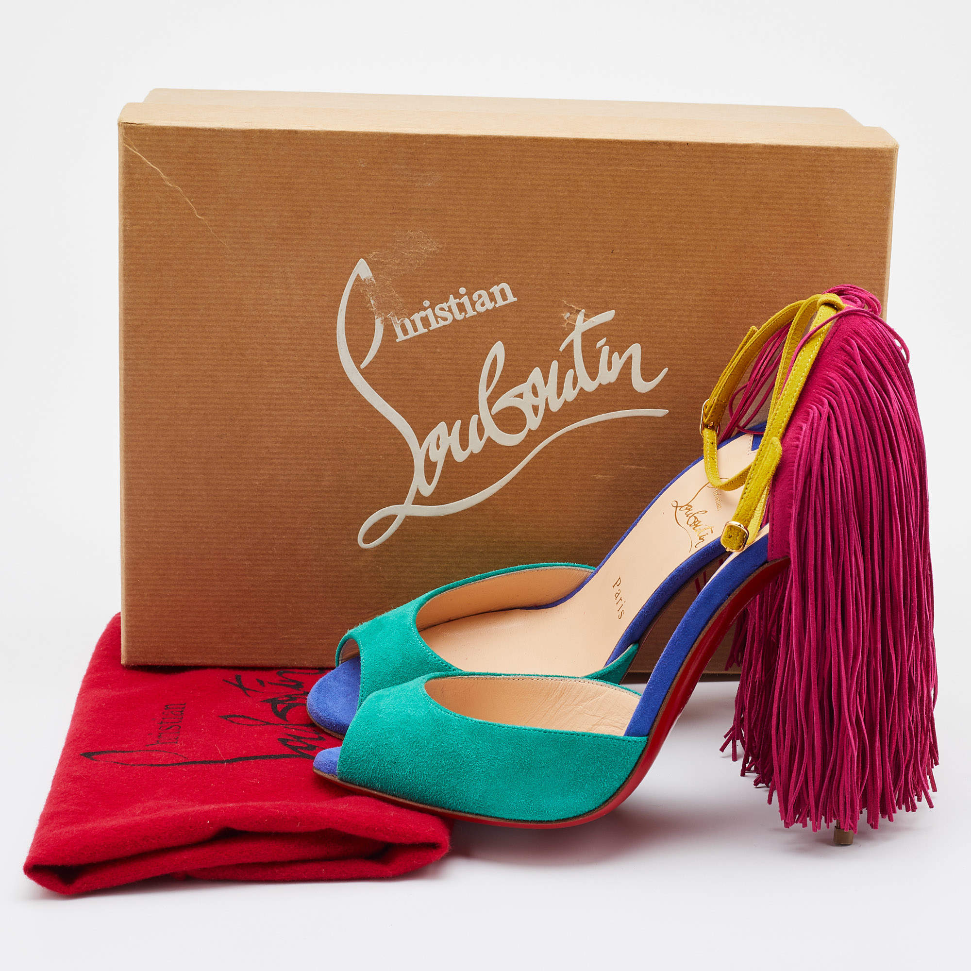 CHRISTIAN LOUBOUTIN Otrot 120 Pink Green Fringe Colorblock Tassel Heel  8.5/9/39 #ChristianLouboutin #OpenToe