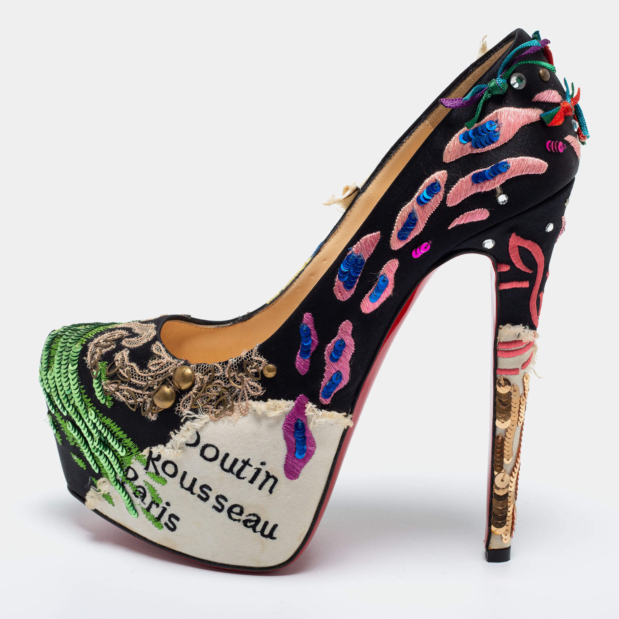 Pre Owned Christian Louboutin Multicolor Satin and Canvas Daffodile 160 Brodee Crepe Pumps Size 38.5
