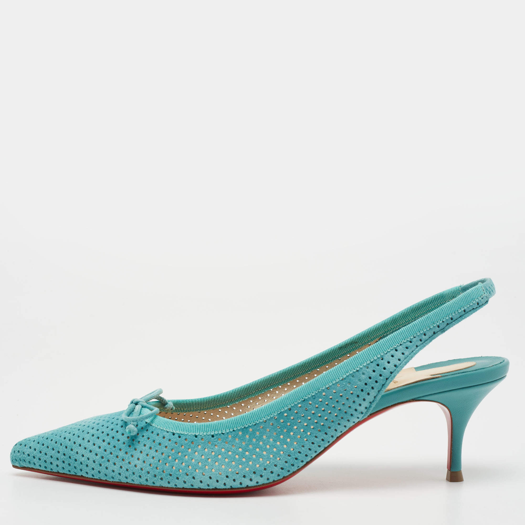 Pre Owned Christian Louboutin Blue Perforated Leather Hall Slingback Pumps Size 37.5