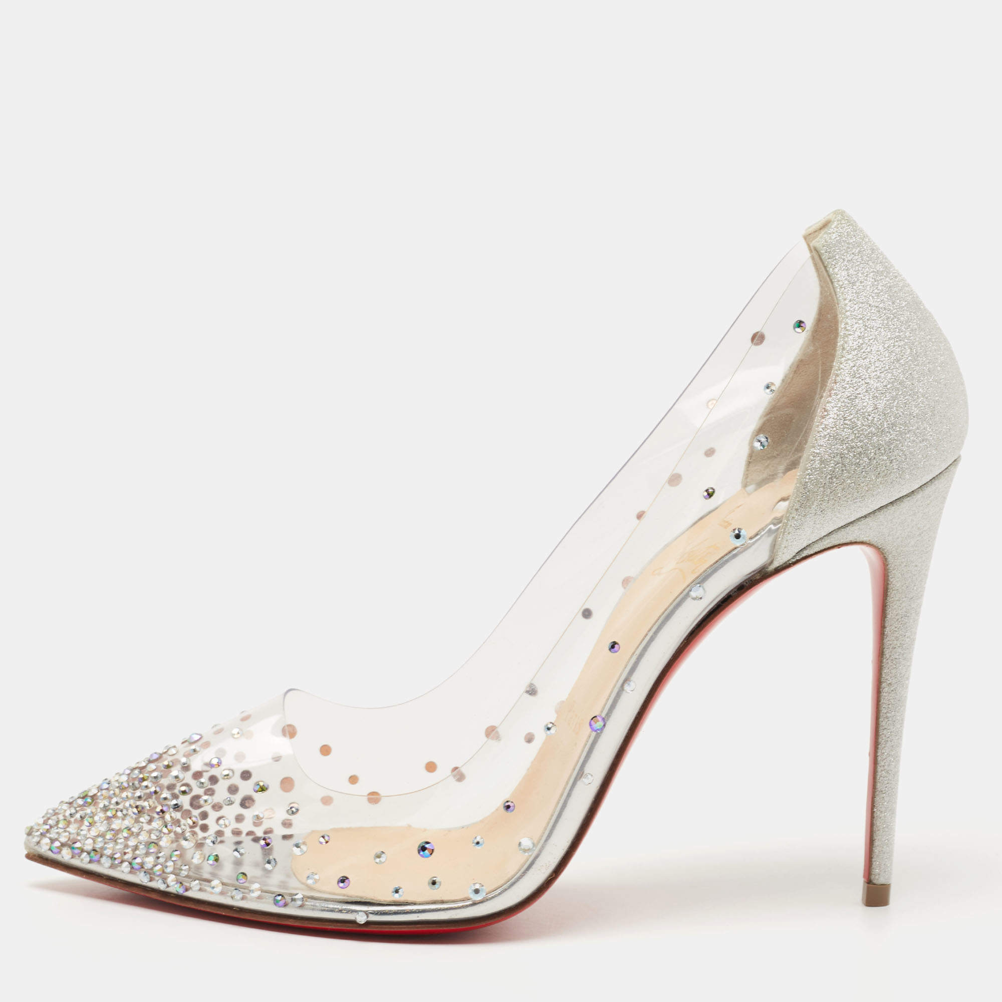 Pre Owned Christian Louboutin Silver Glitter and PVC Degrastrass Pumps Size 39