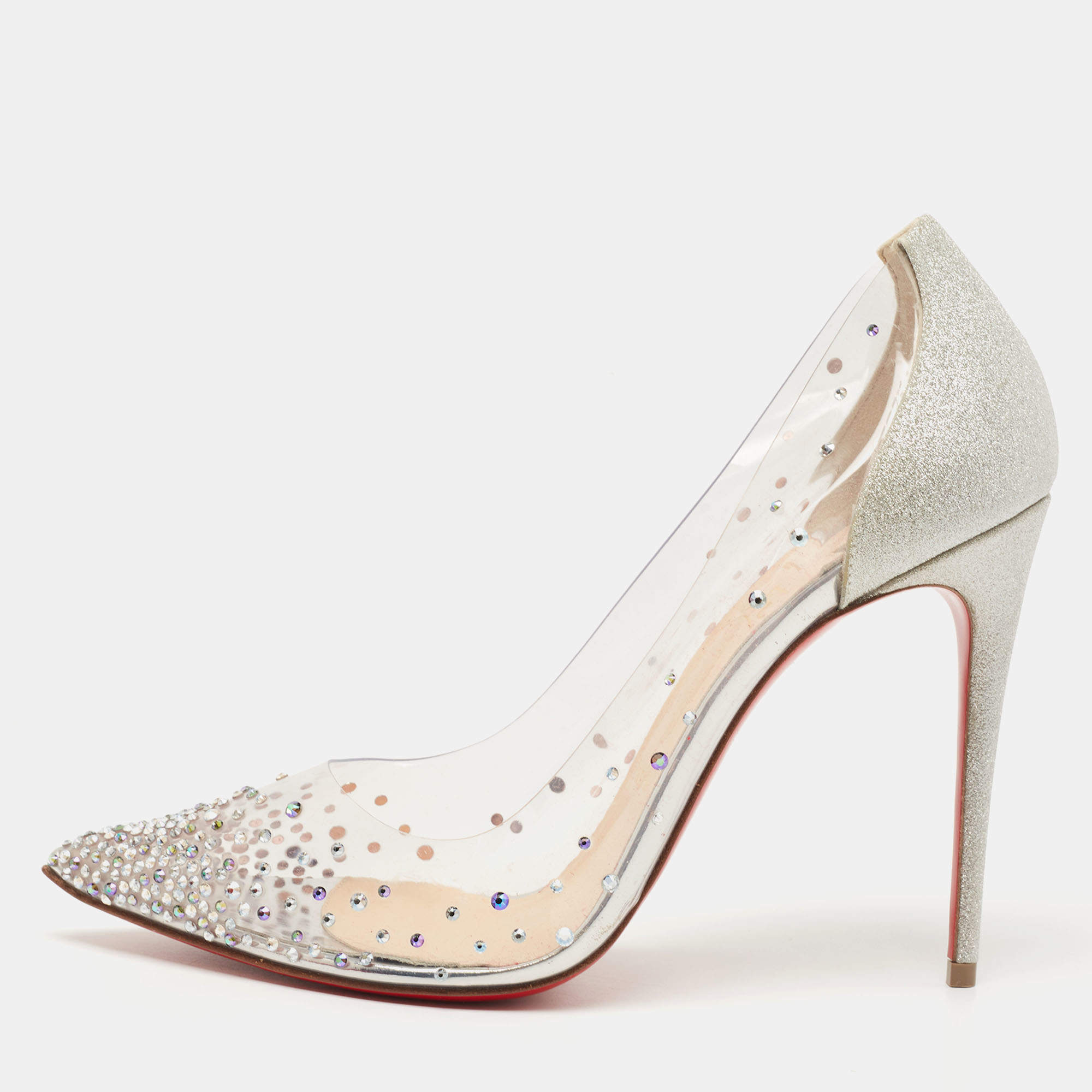 Pre Owned Christian Louboutin Silver Glitter and PVC Degrastrass Pumps Size 40