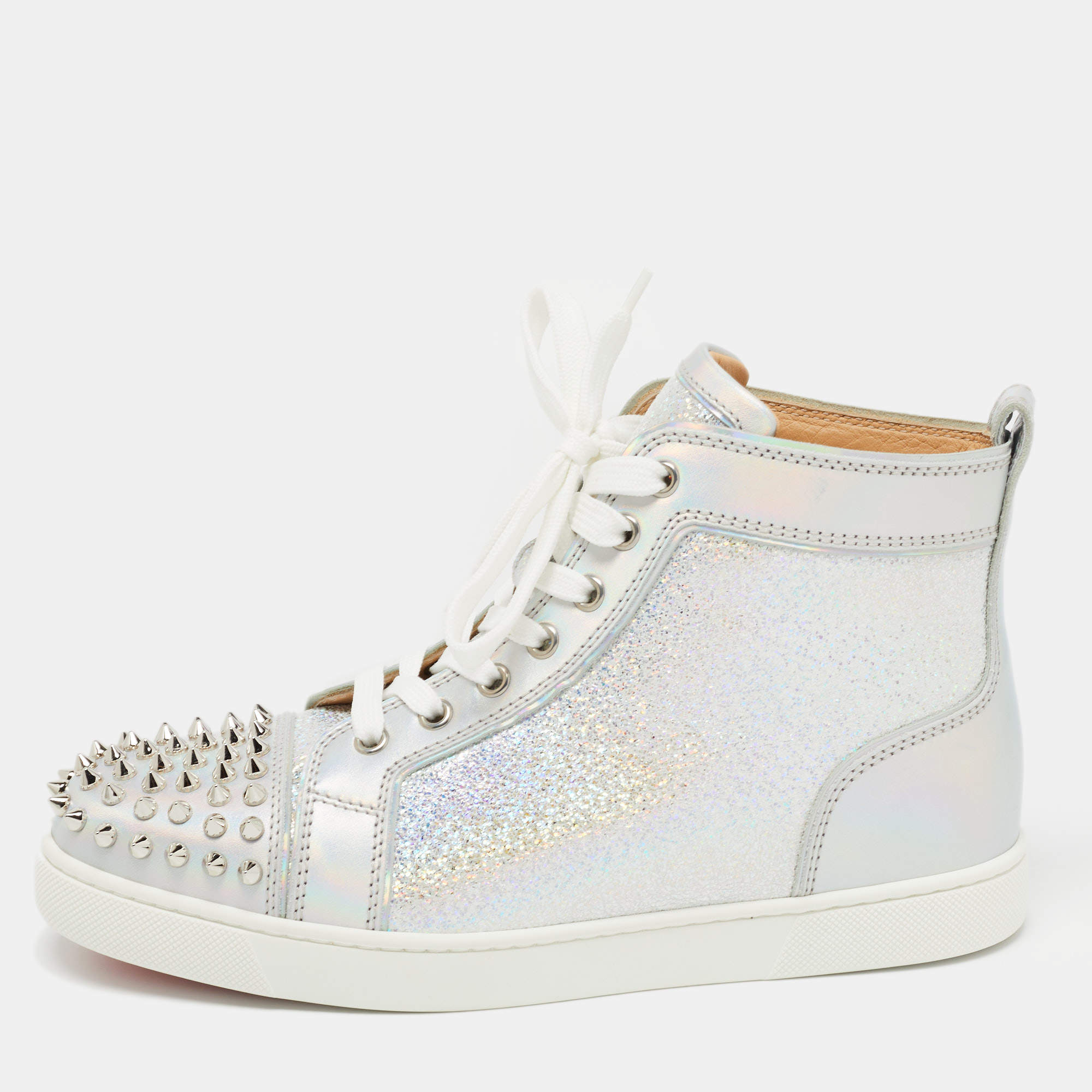 Syge person Hverdage hykleri Christian Louboutin Silver Laminated Suede and Leather Lou Spikes High Top  Sneakers Size 39 Christian Louboutin | TLC