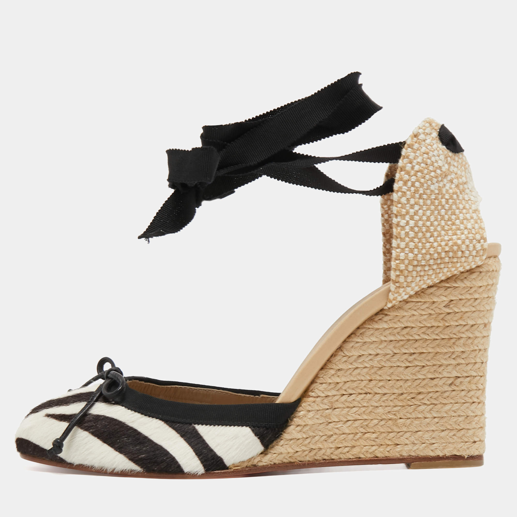 Pre Owned Christian Louboutin Tricolor Calf Hair and Woven Fabric Espadrille Wedge Pumps Size 41  