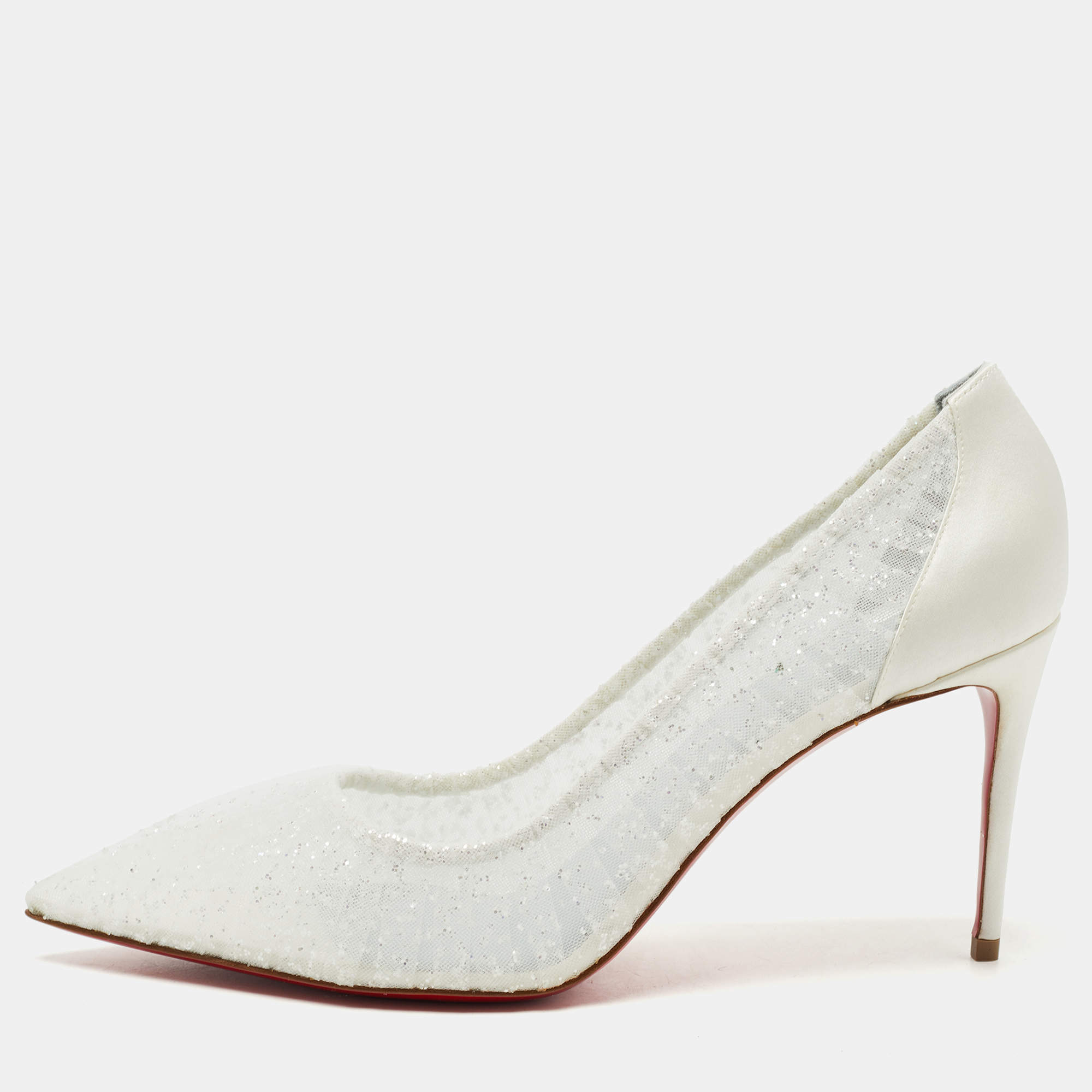 Pre Owned Christian Louboutin White Satin and Tule Fabric Kate Draperia Pumps Size 41