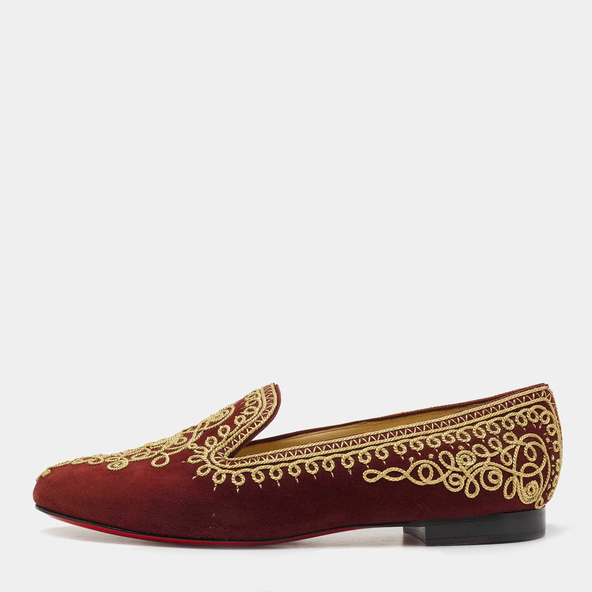 Christian Louboutin Burgundy Embroidered Suede Mamounia Smoking Slippers Size 40.5