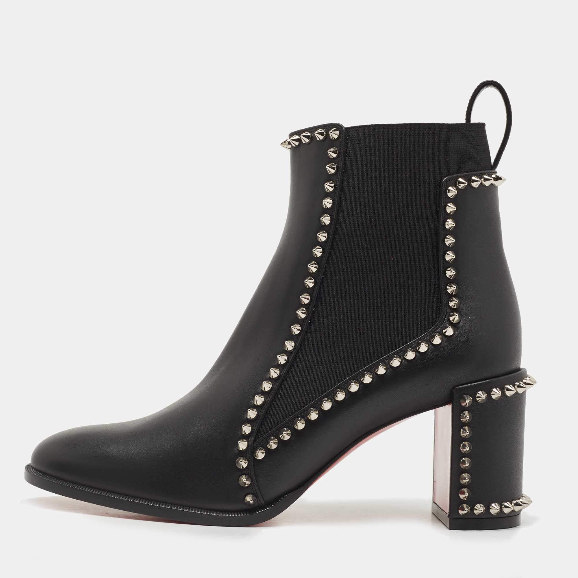 Pre Owned Christian Louboutin Black Leather Out Line Spike Ankle Booties Size 37.5