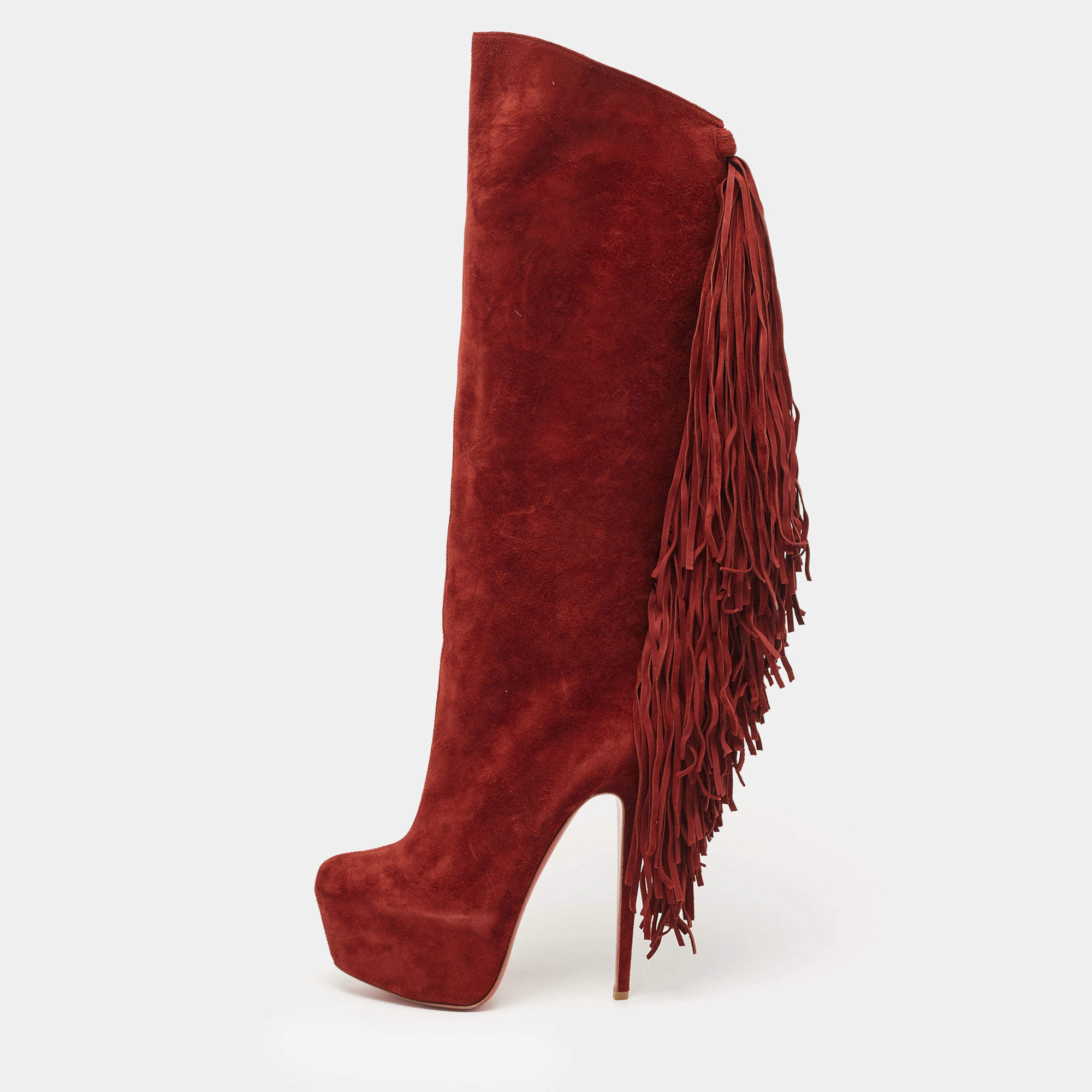 مملوكة مسبقًا Christian Louboutin Dark Red Suede Interlopa Fringe Details Platform Knee Length Boots Size 39