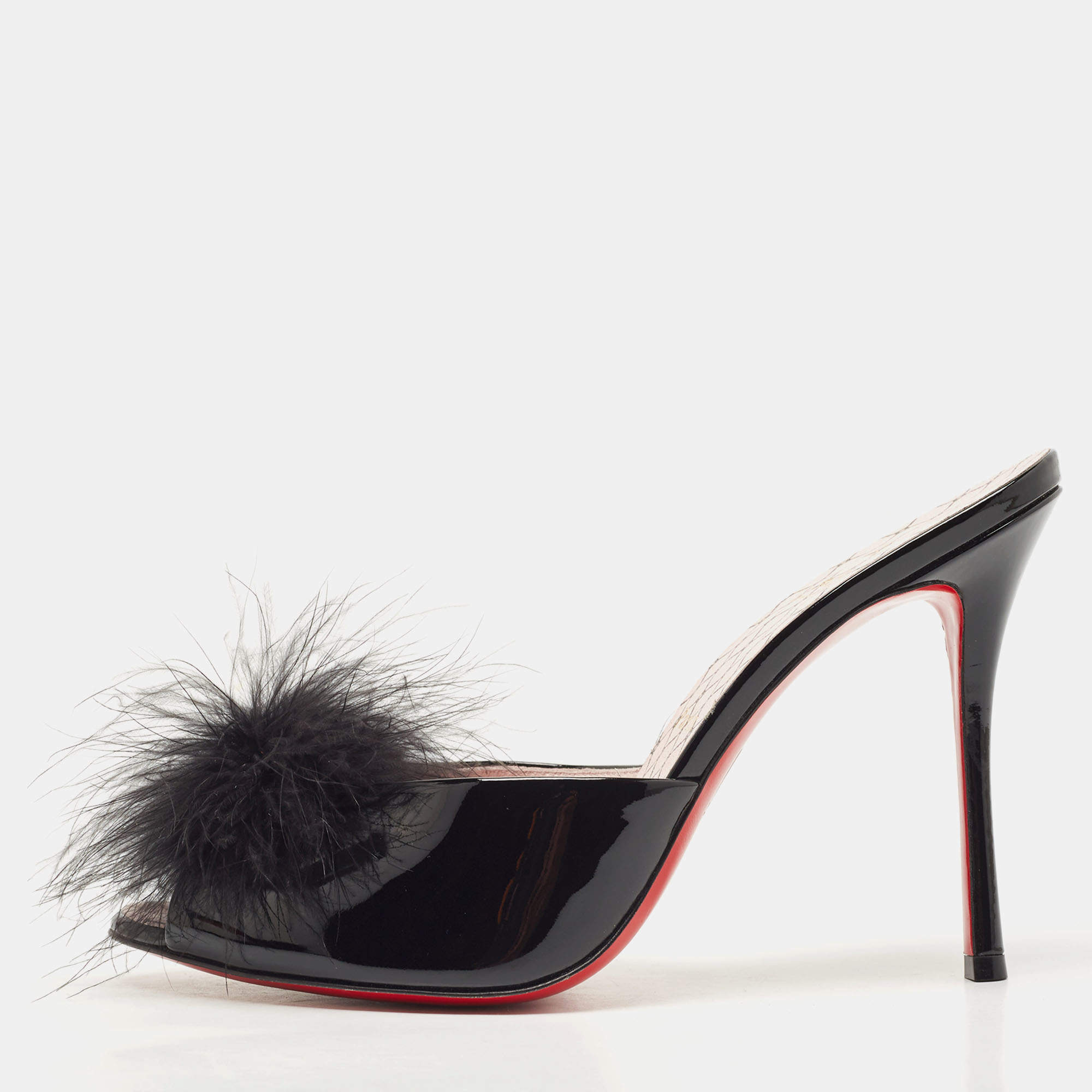 Pre Owned Christian Louboutin Black Patent Leather and Fur Slide Sandals Size 39.5