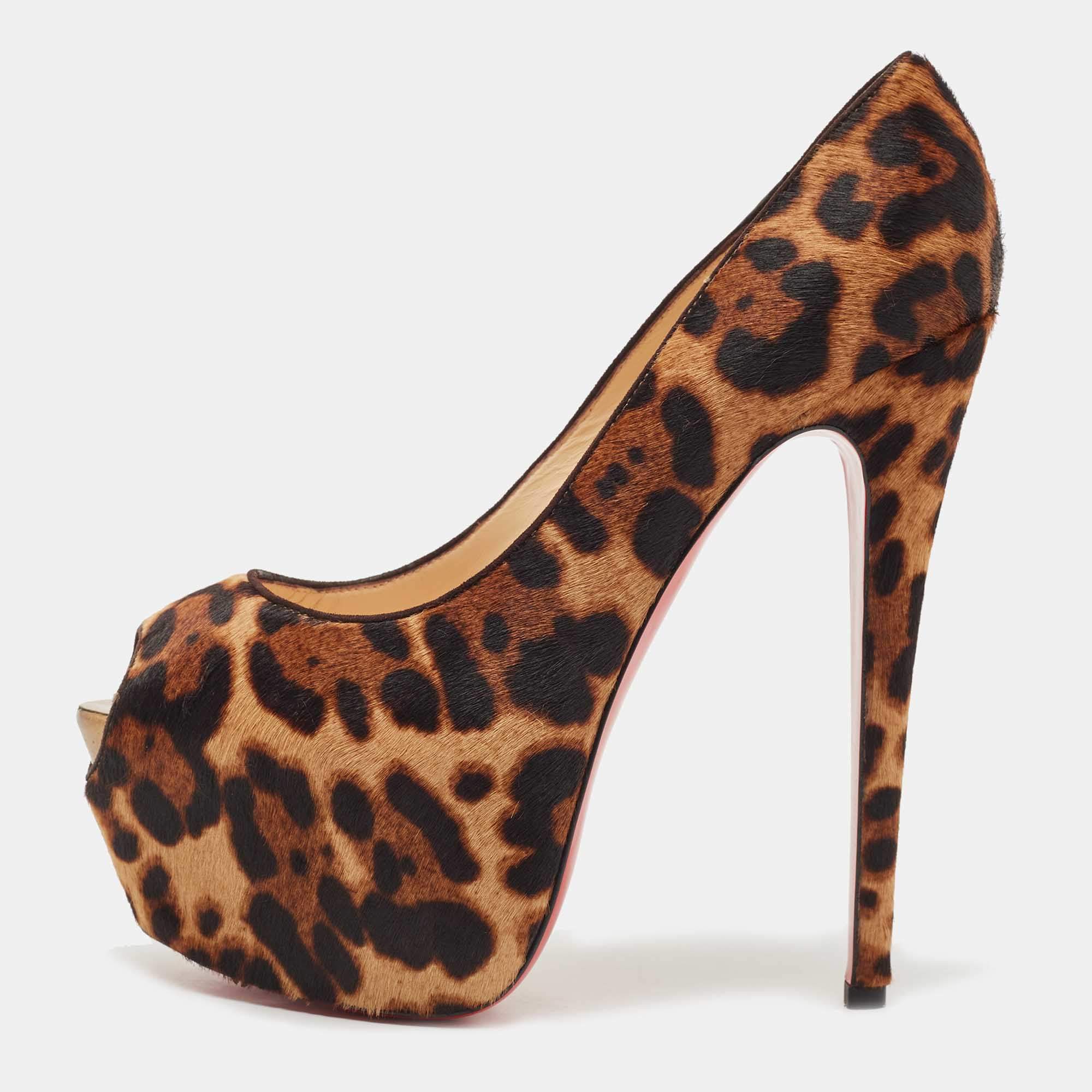 Christian Louboutin Brown Leopard Print Calf Hair Highness Peep Toe  Platform Pumps Size 38 Christian Louboutin