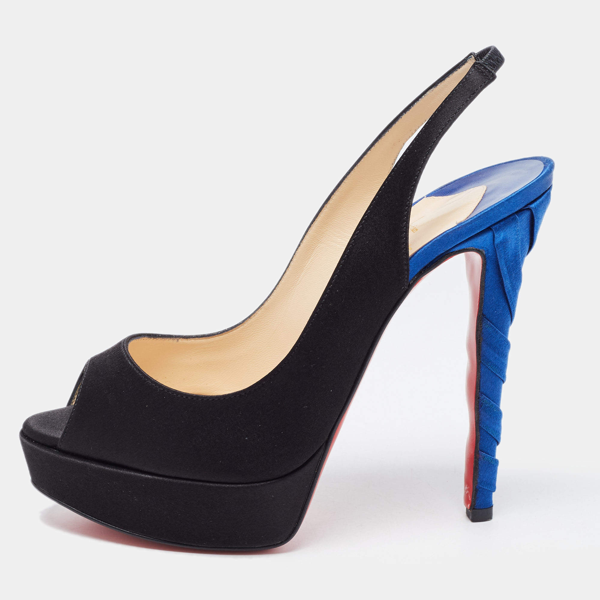 Pre Owned Christian Louboutin Two Tone Satin Plisseta Platform Slingback Sandals Size 37