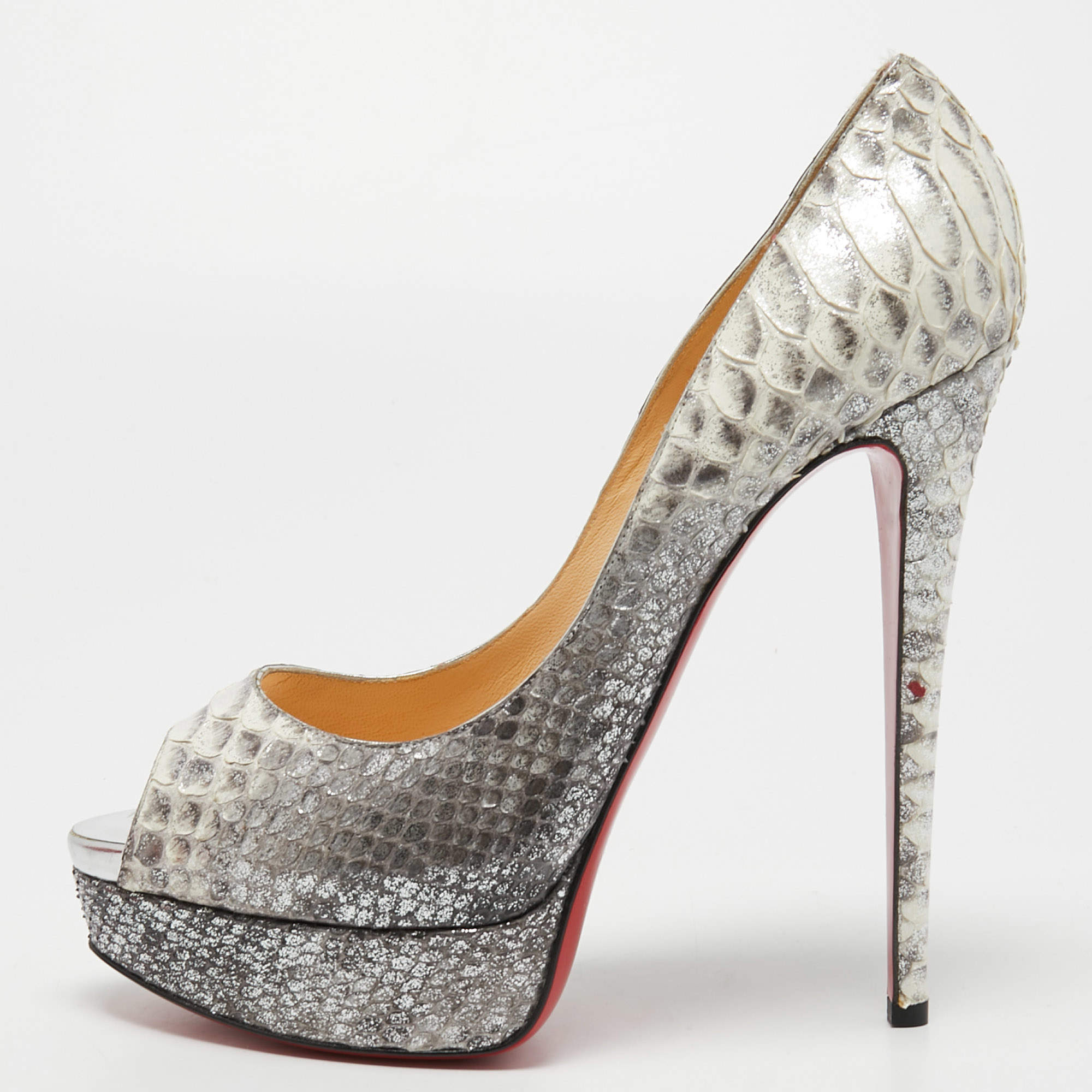 Pre Owned Christian Louboutin Grey/Silver Python Lady Peep Pumps Size 40