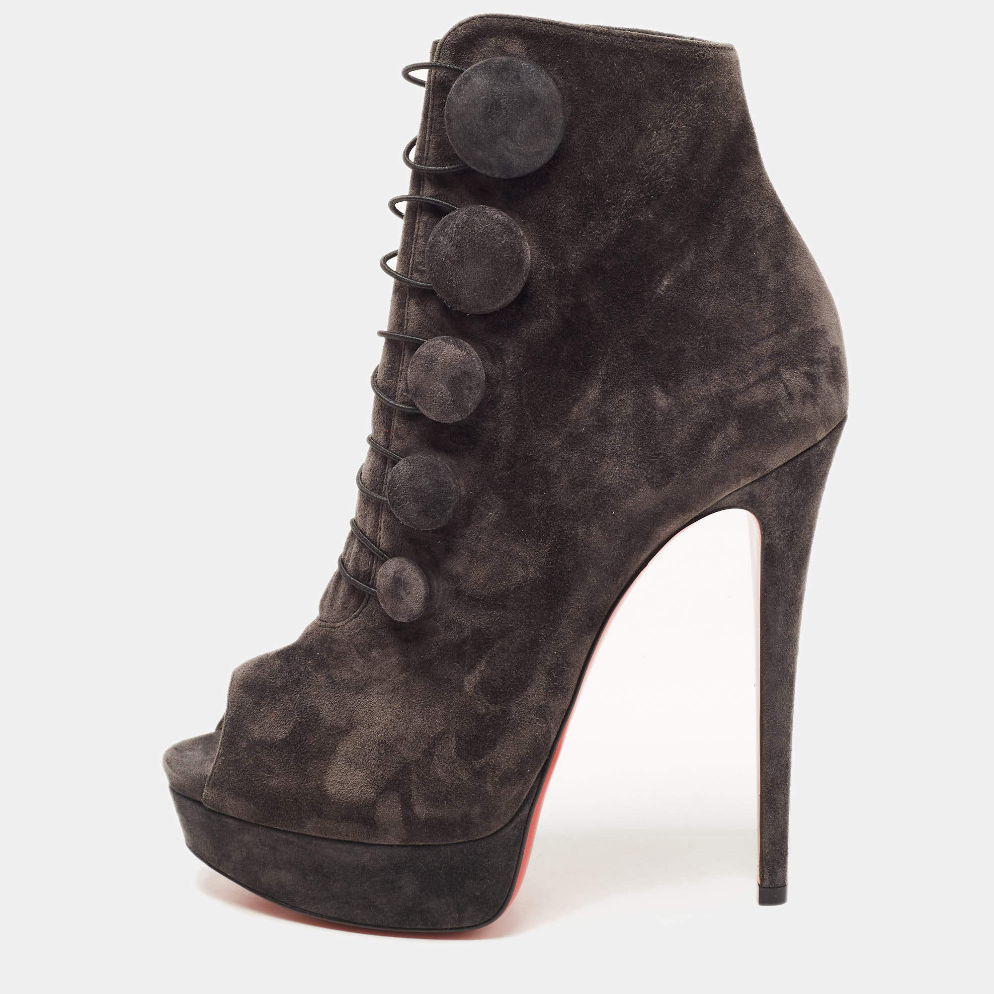Pre Owned Christian Louboutin Grey Suede Peep Toe Platform Ankle Booties Size 38