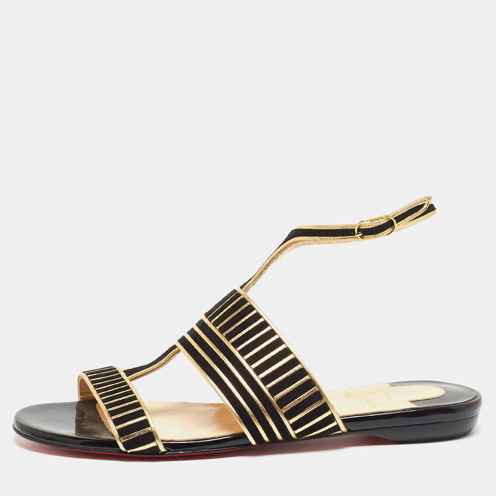مملوكة مسبقًا Christian Louboutin Black Suede and Leather Striped Flat Sandals Size 36