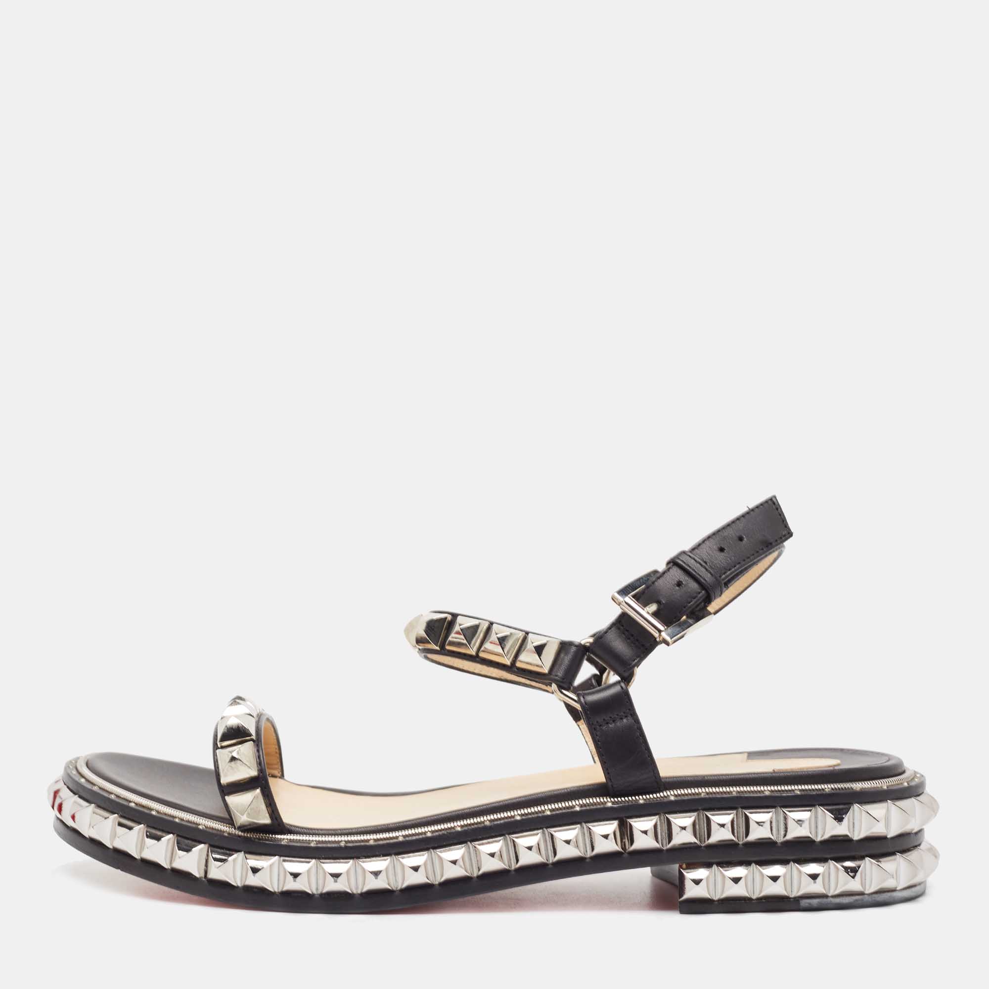 Christian Louboutin Black Leather Pyraclou Ankle Strap Sandals Size 39
