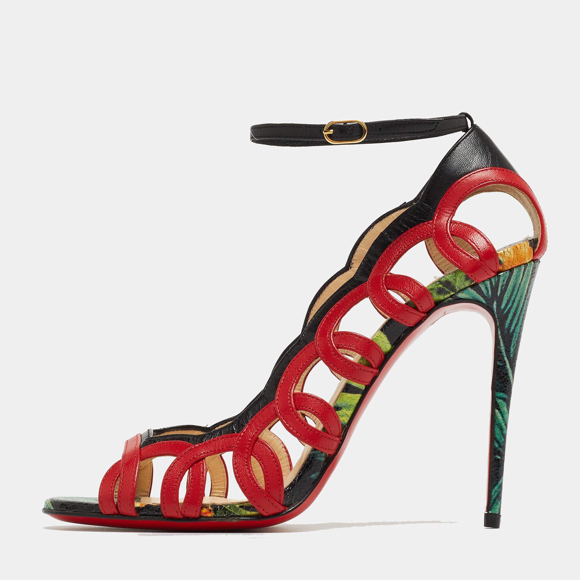 Pre Owned Christian Louboutin Red/Black Leather Houla Open Toe Ankle Strap Pumps Size 36.5
