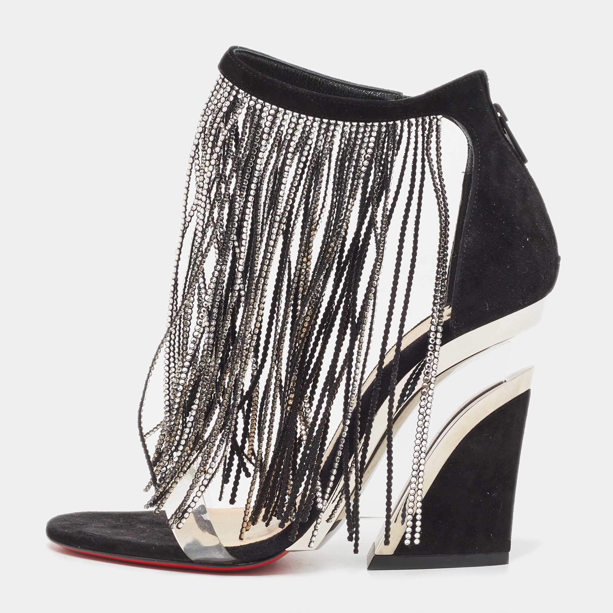Pre Owned Christian Louboutin Black Suede Crystal Embellished Fringe Ankle Strap Sandals Size 36