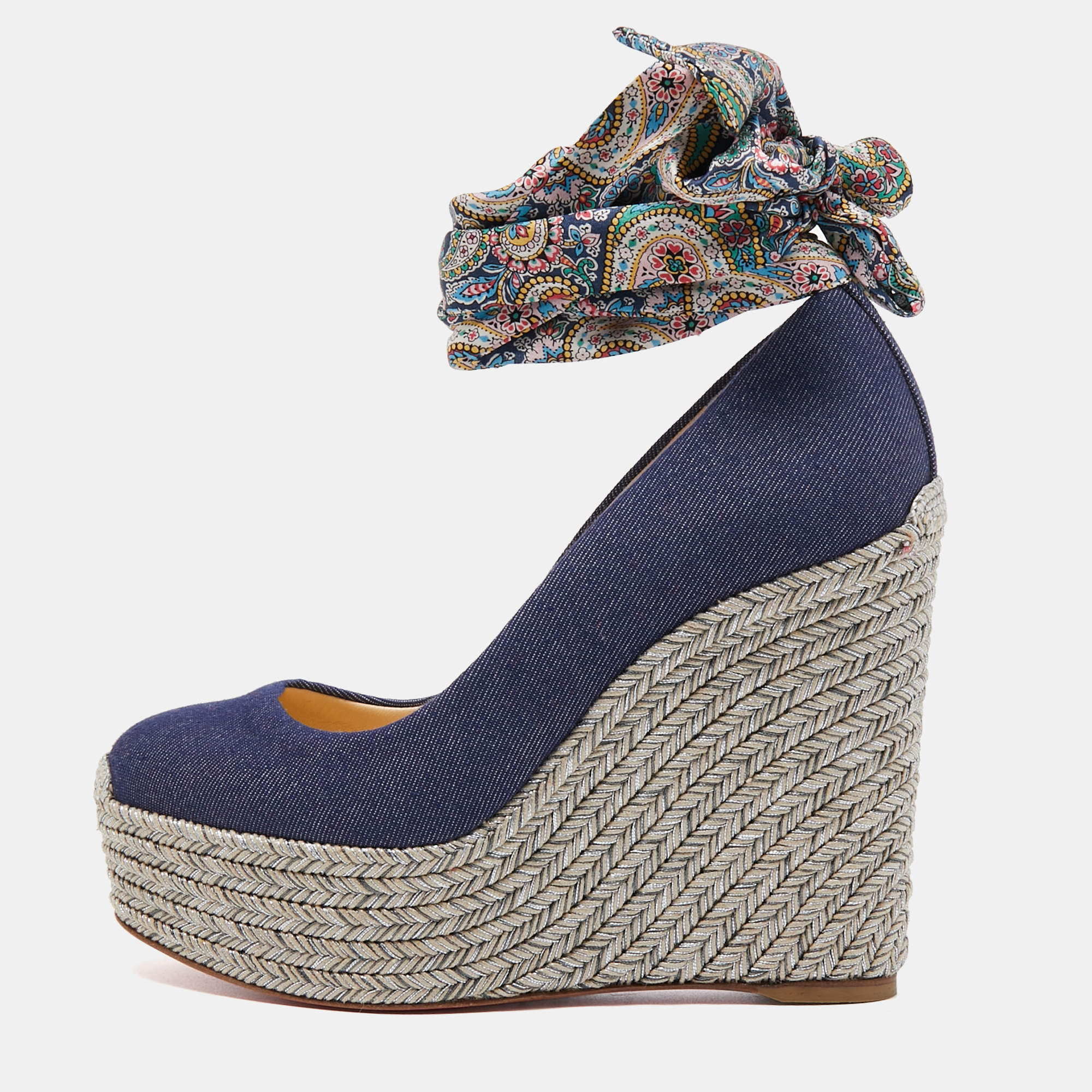 Pre Owned Christian Louboutin Blue Denim and Printed Fabric Barbaria Zeppa Ankle Tie Pumps Size 35