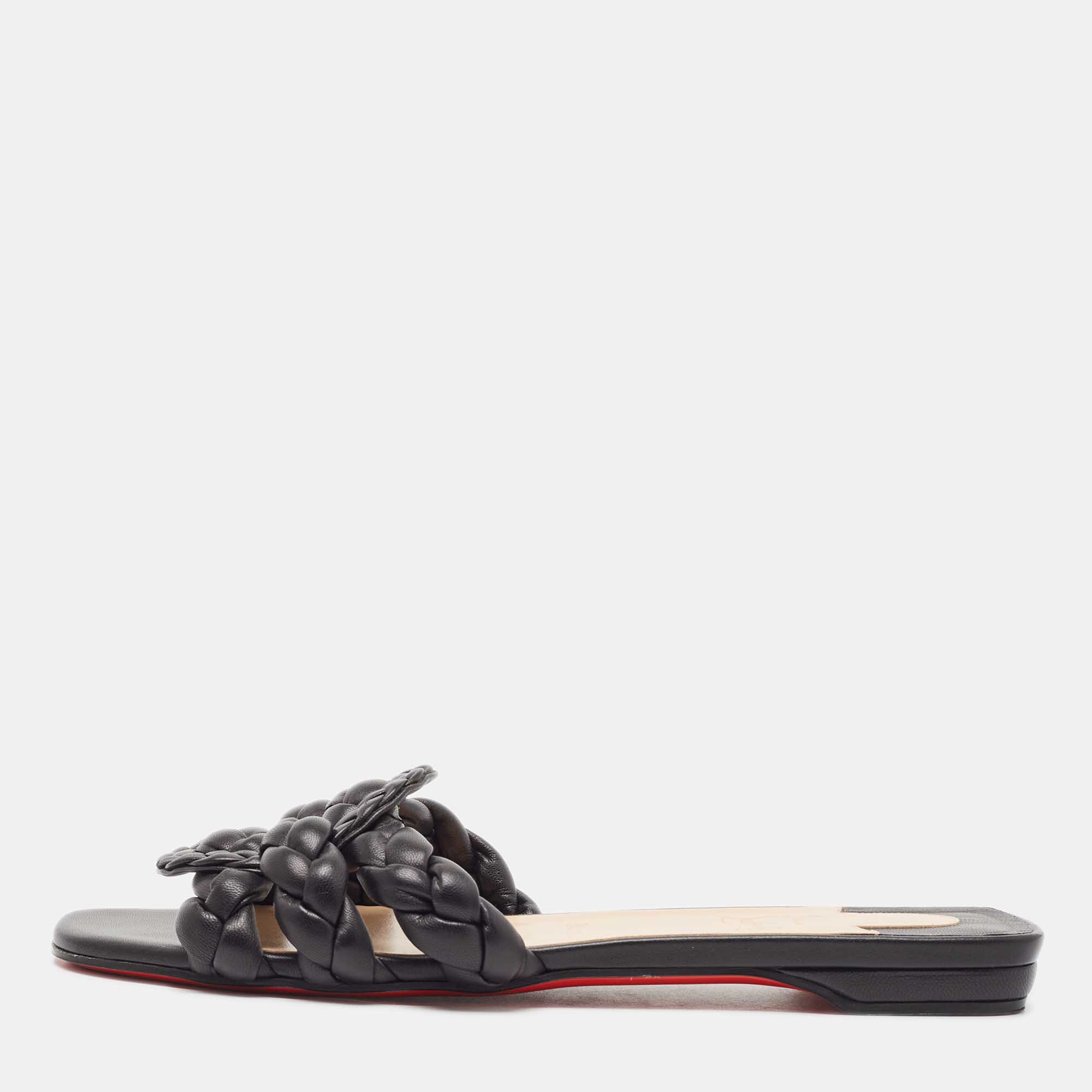 Christian Louboutin Black Woven Leather Marmella  Flat Slides Size 40