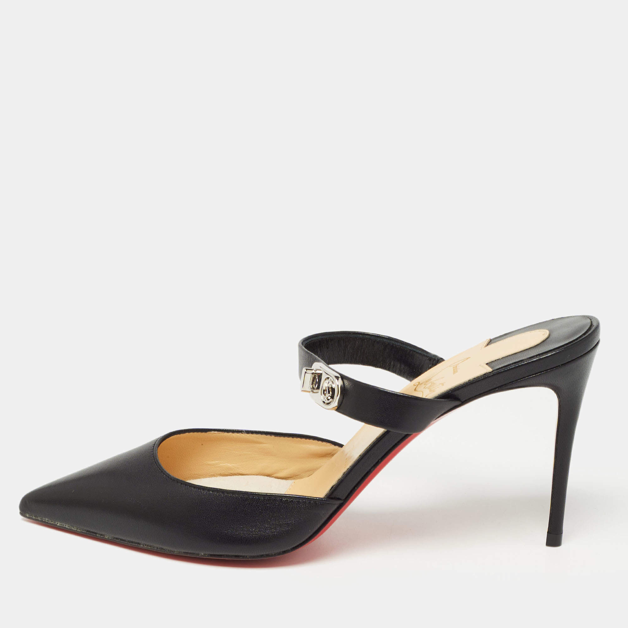 Pre Owned Christian Louboutin Black Leather Mule Sandals Size 38