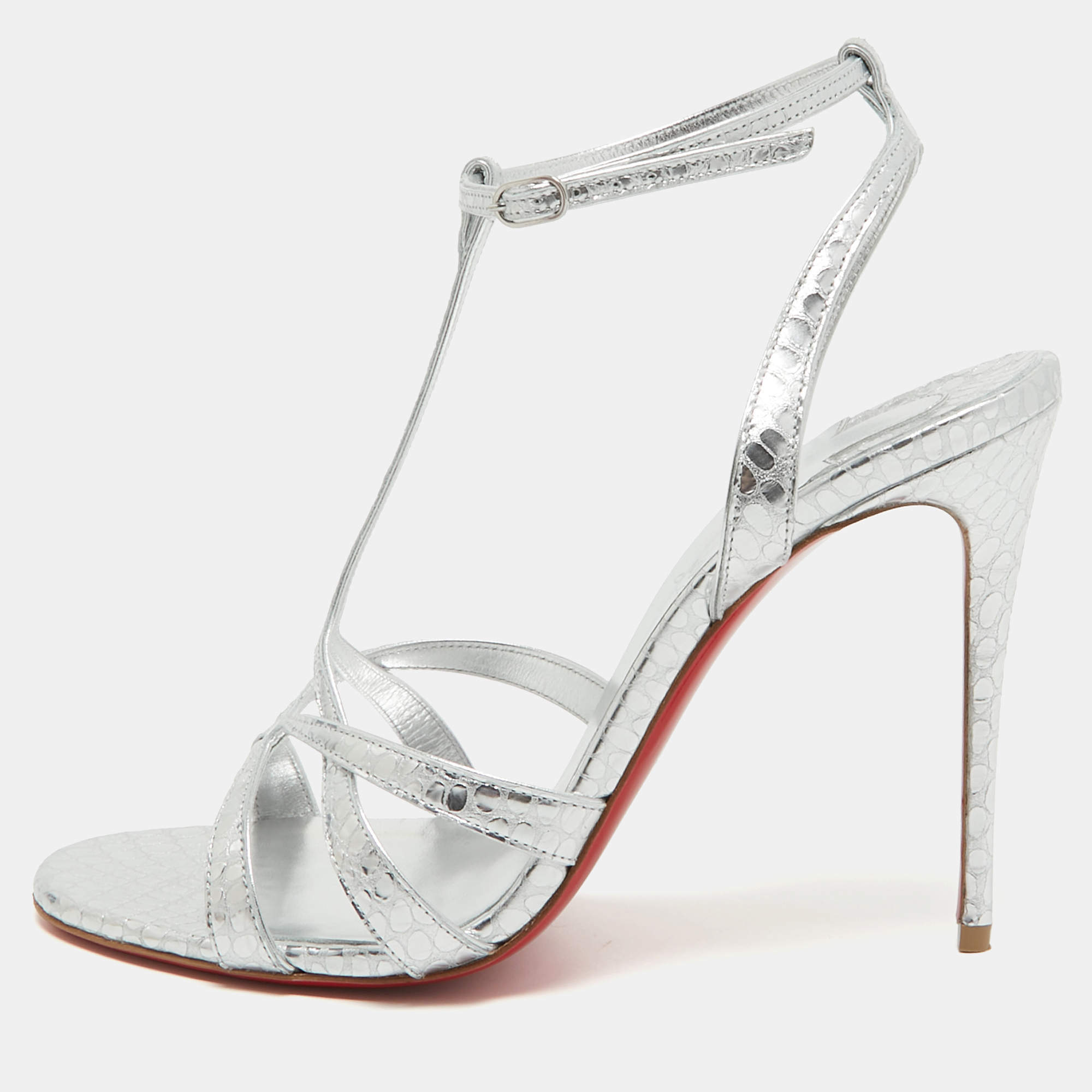 Christian Louboutin Silver Textured Leather Tangueva Sandals Size 39