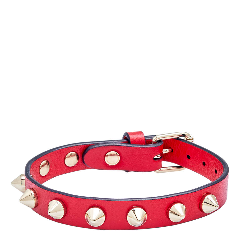 Christian Louboutin Louibilink Stud Gold Tone Metal Red Leather Bracelet