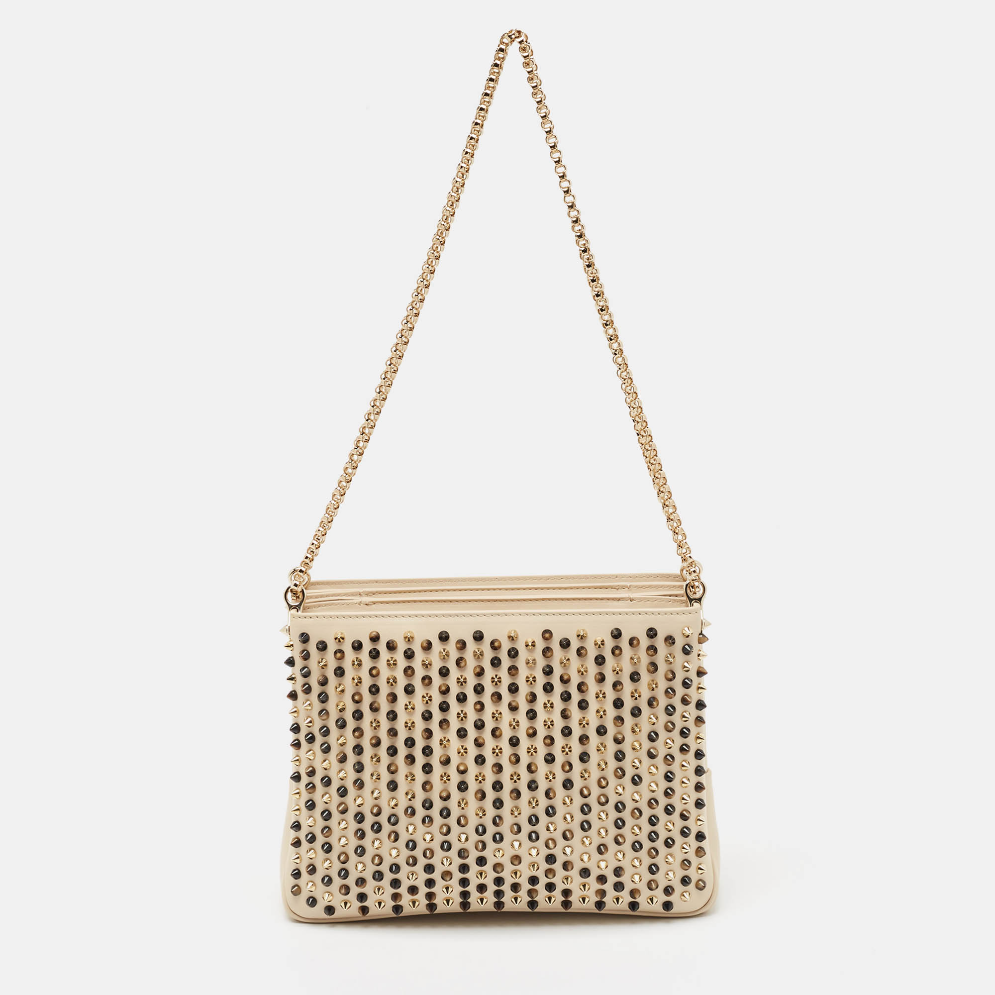 Pre Owned Christian Louboutin Beige Leather Large Triloubi Spiked Shoulder Bag