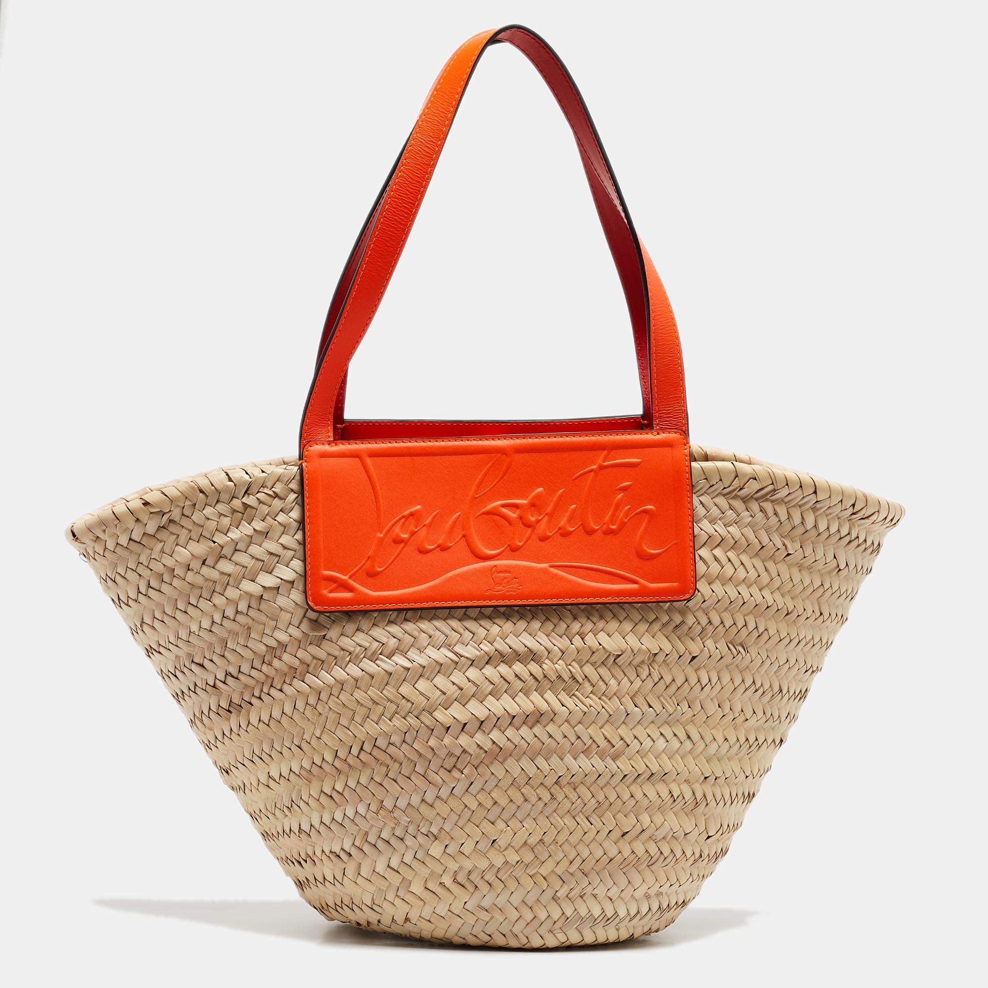 Christian Louboutin Orange/Beige Woven Raffia Loubishore Basket Bag