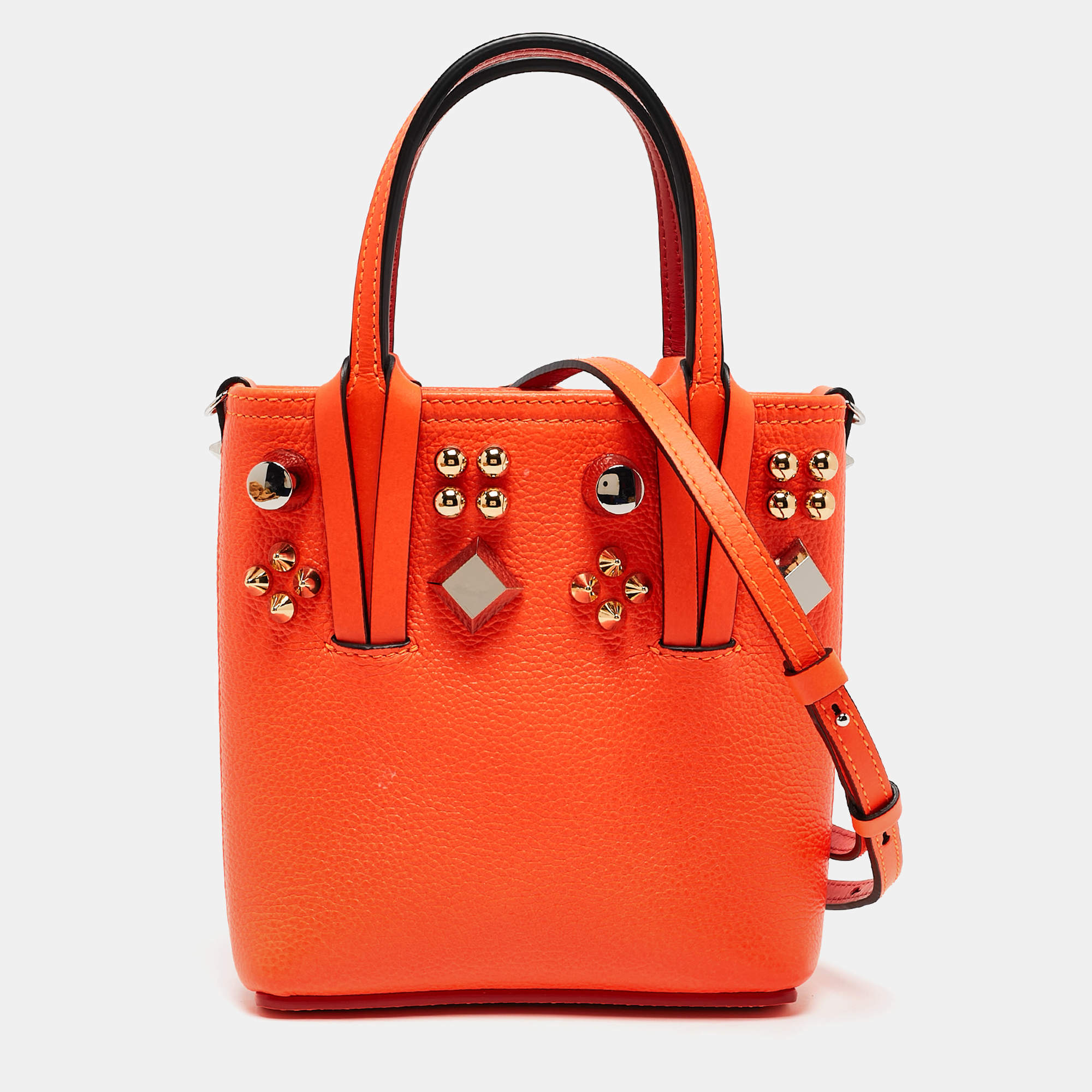 Christian Louboutin Neon Orange Leather Mini Embellished N/S Cabata Tote