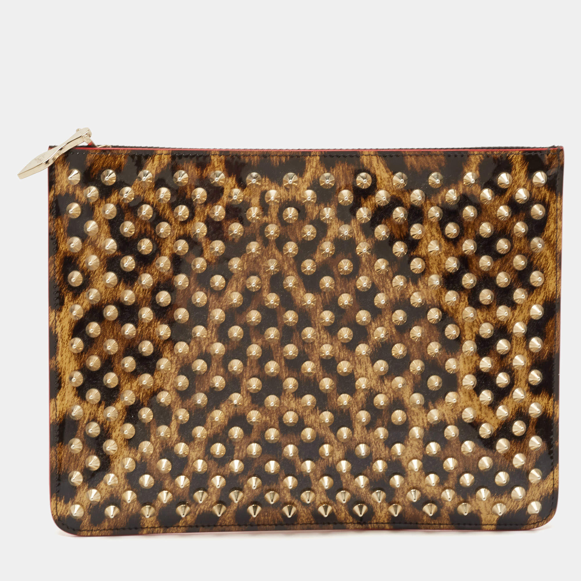 Pre Owned Christian Louboutin Brown Leopard Print Patent Leather Spikes Zip Pouch Clutch