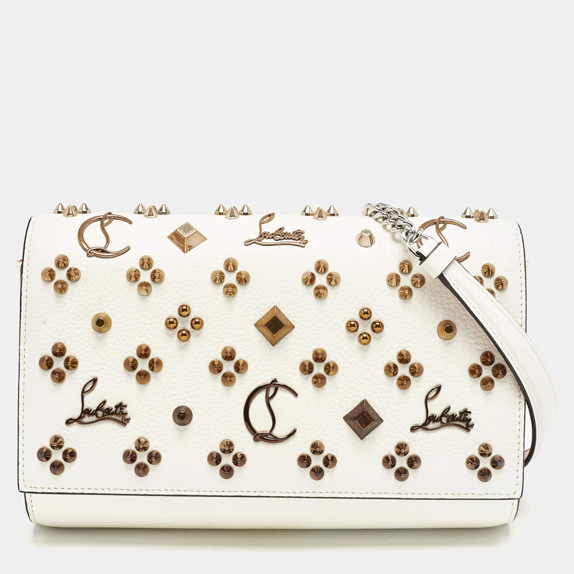 Christian Louboutin White Leather Paloma Studded Chain Clutch
