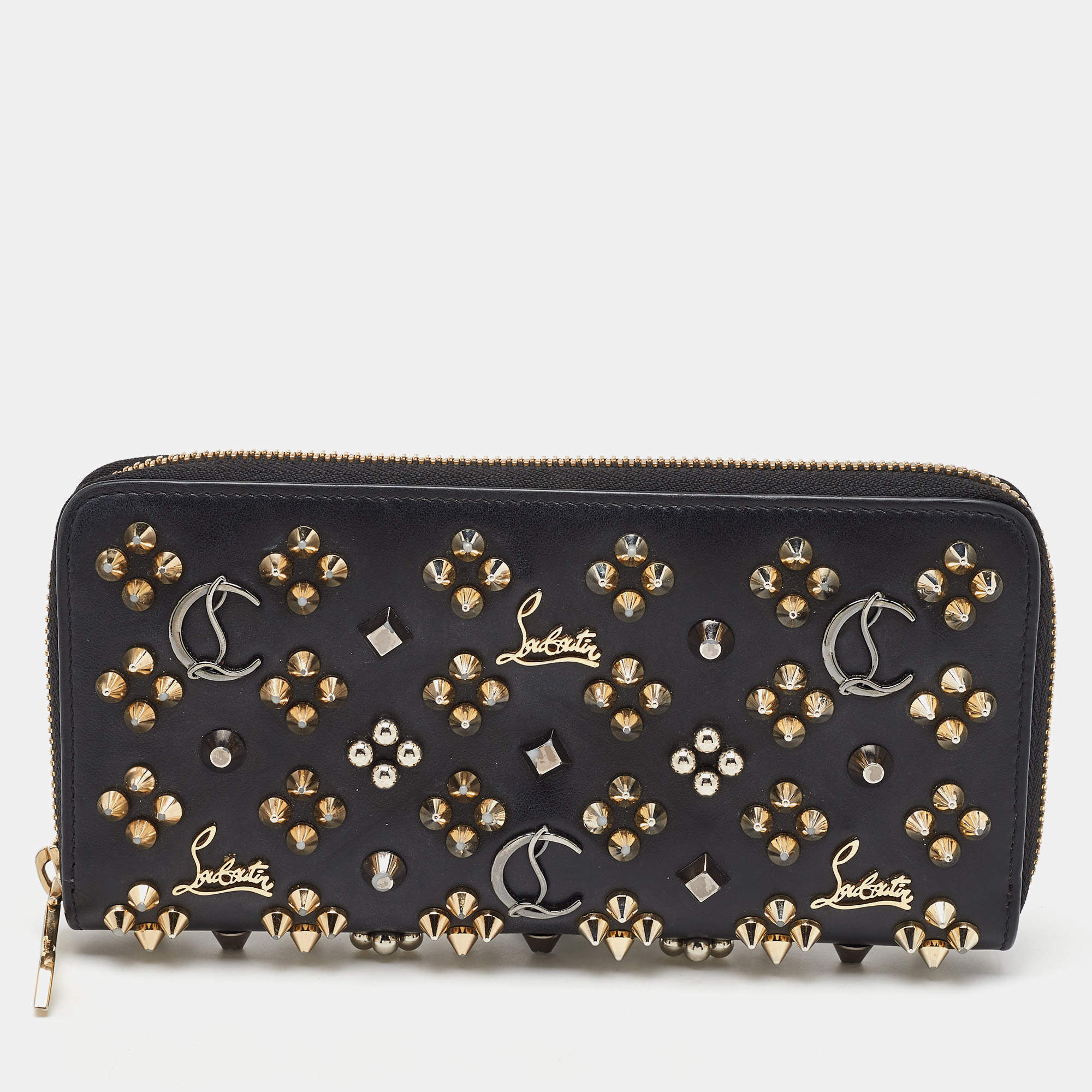 Christian Louboutin Black Leather Spike Panettone Zip Around Wallet
