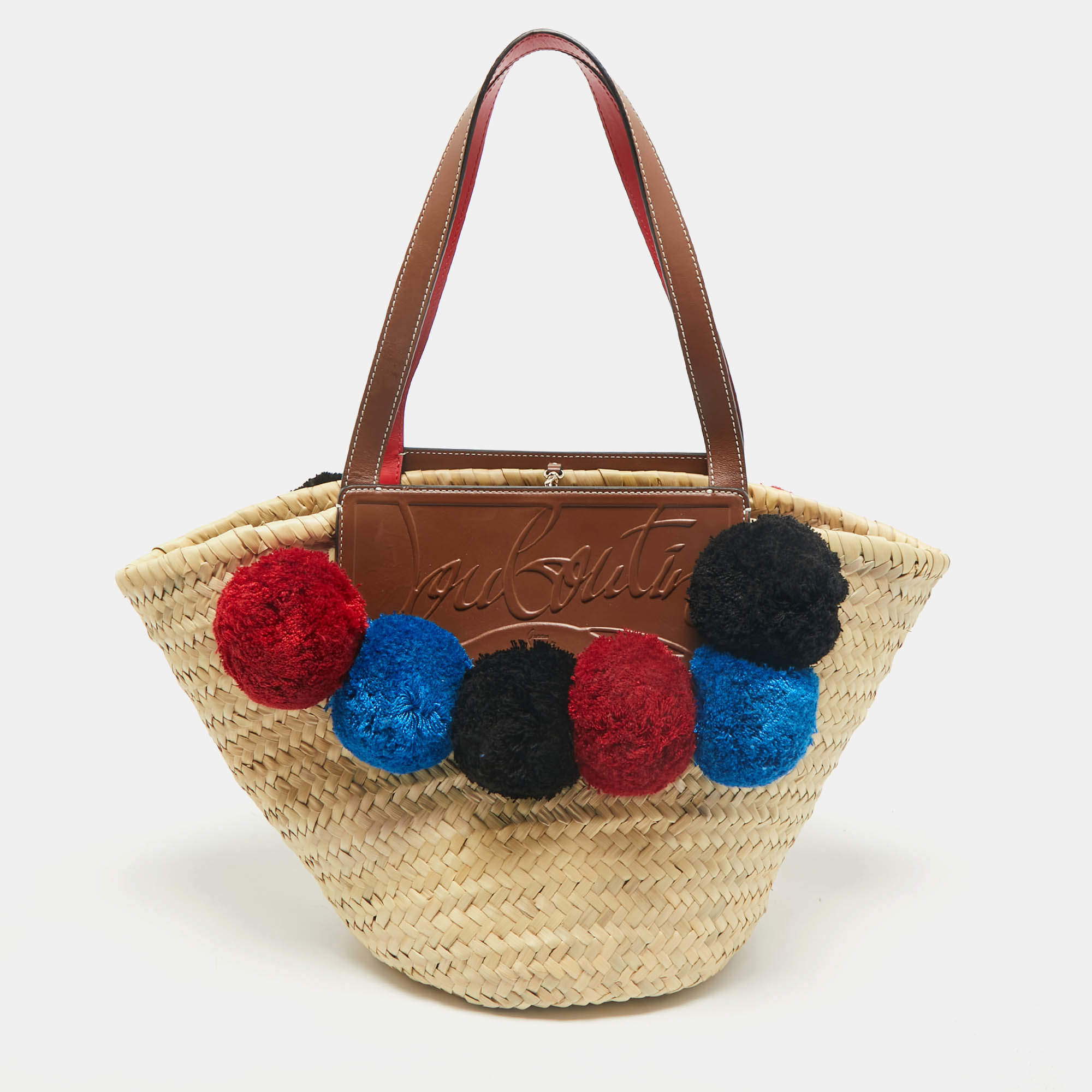 Christian Louboutin Tan/Natural Raffia Palm Pompom Loubishore Basket Bag
