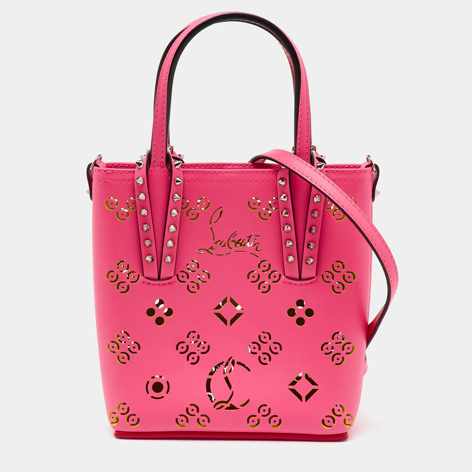 Pre Owned Christian Louboutin Pink Perforated Leather Mini Cabata Loubinthesky Tote