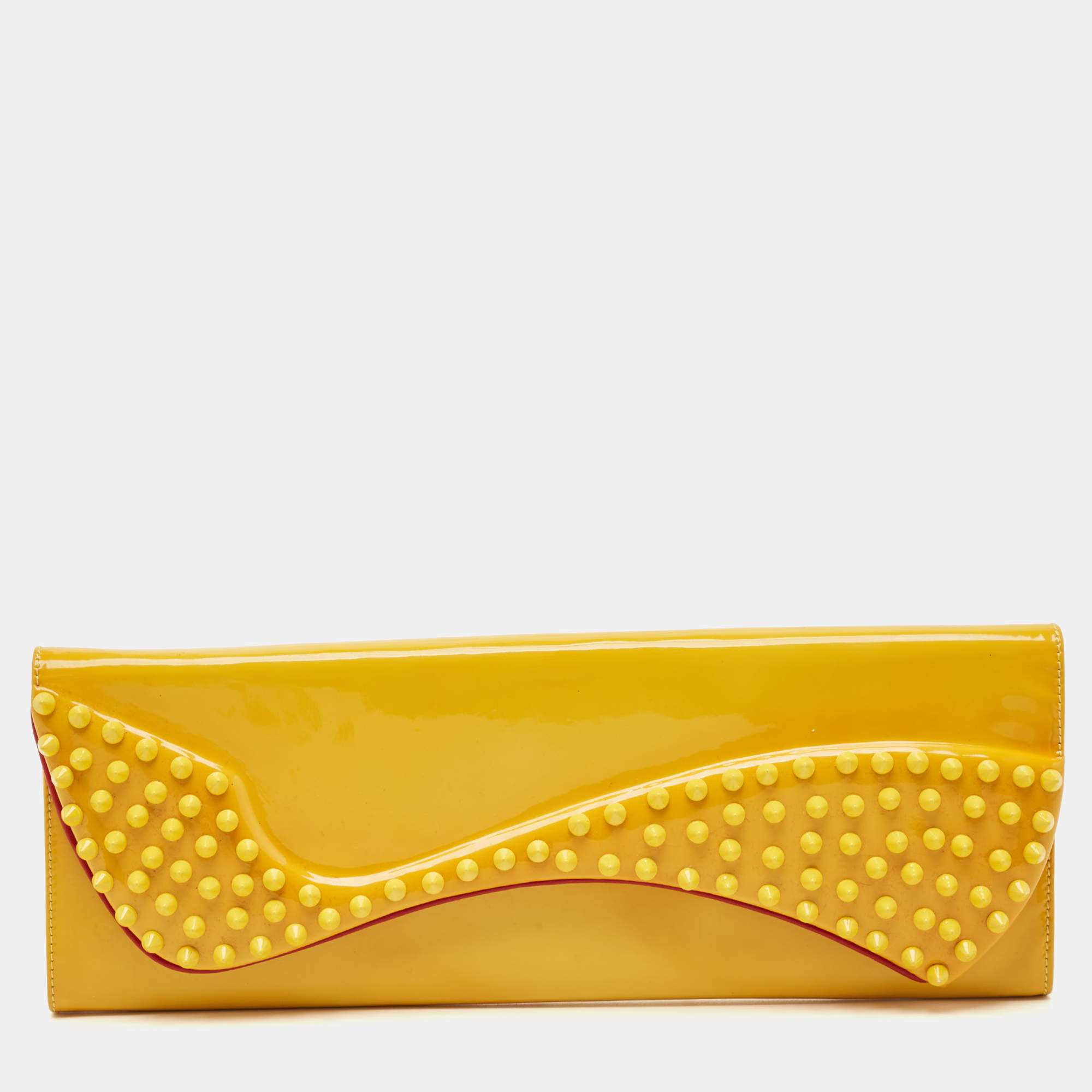 Pre Owned Christian Louboutin Yellow Patent Leather Pigalle Spikes Clutch