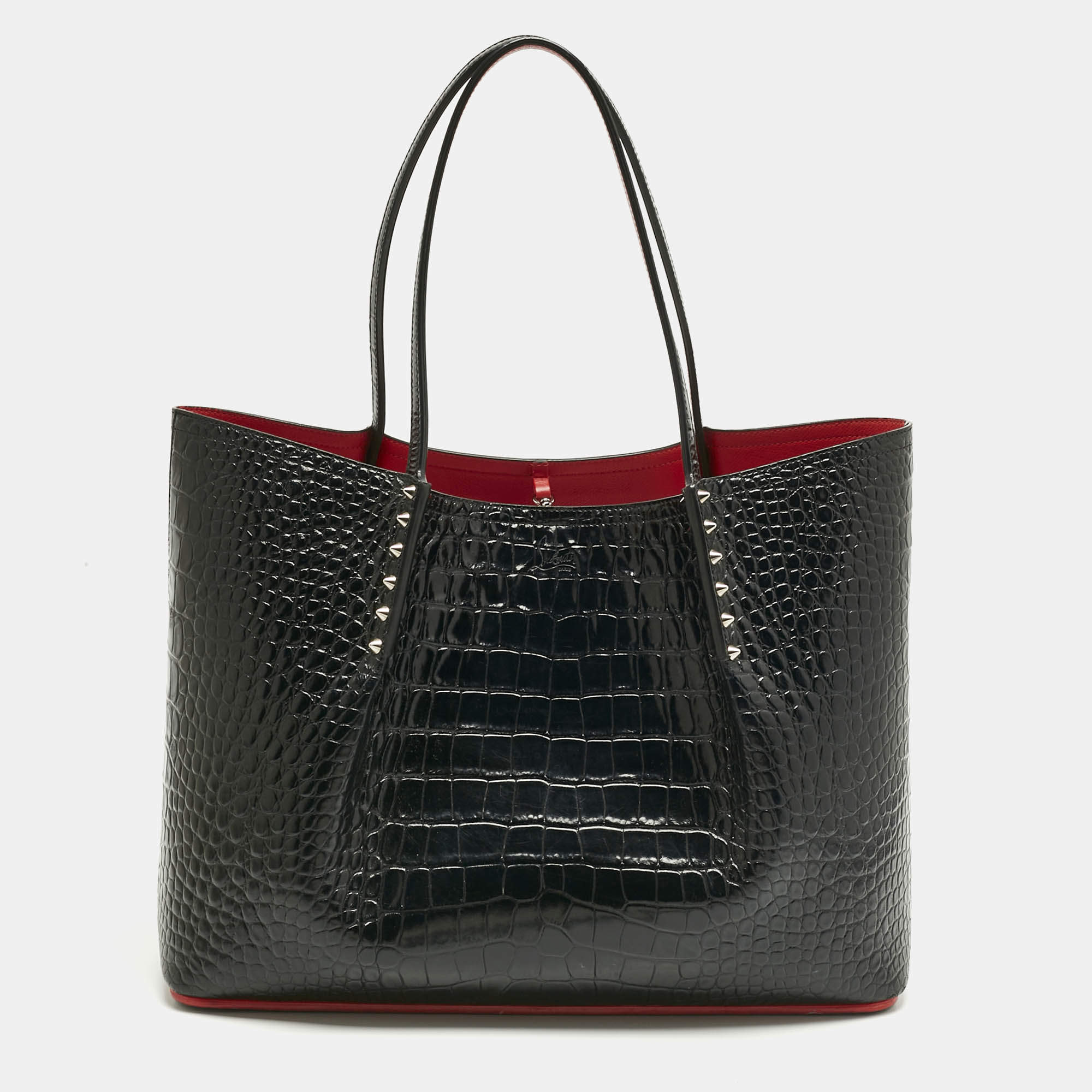 Pre Owned Christian Louboutin Black Croc Embossed Leather Cabarock Shopper Tote